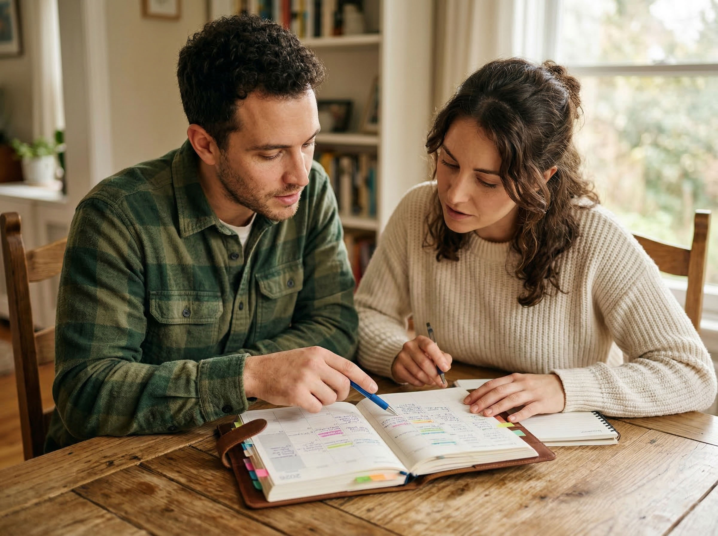 A man and woman reviewing a planner together