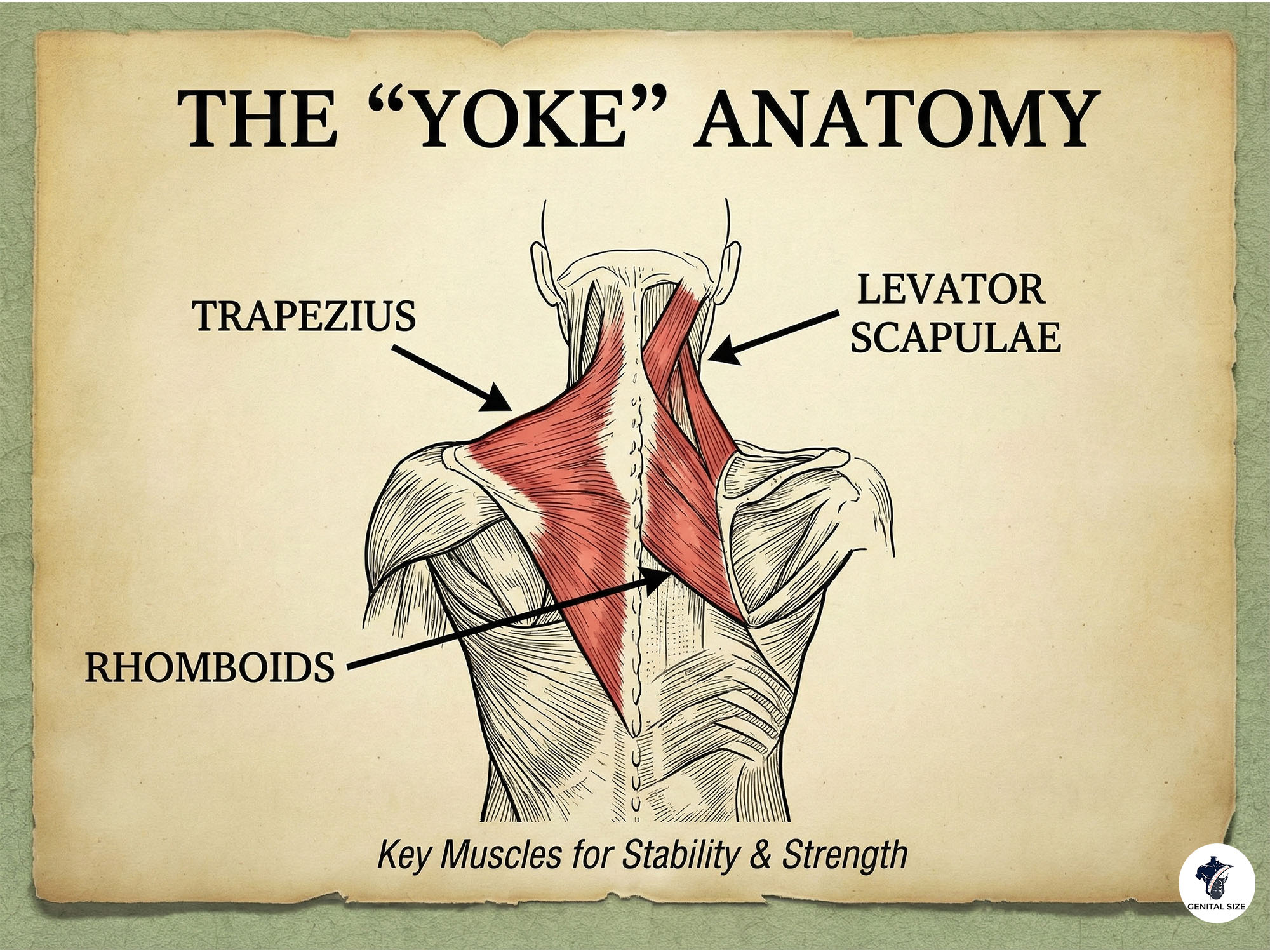 Diagram showing the traps, spinal erectors, and glutes—the "yoke" of a strong man.
