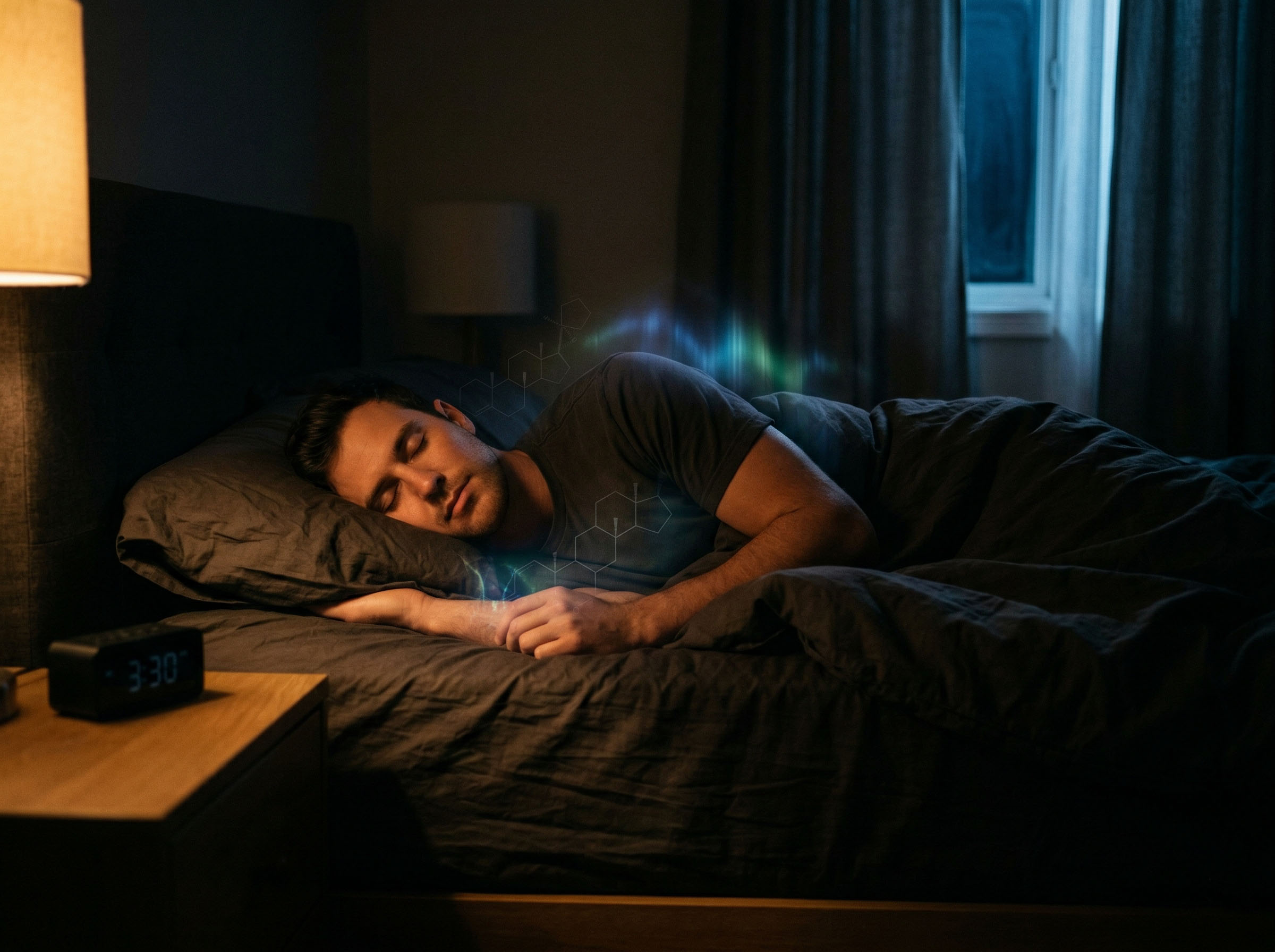 Man sleeping deeply in a dark room representing restorative sleep and testosterone production