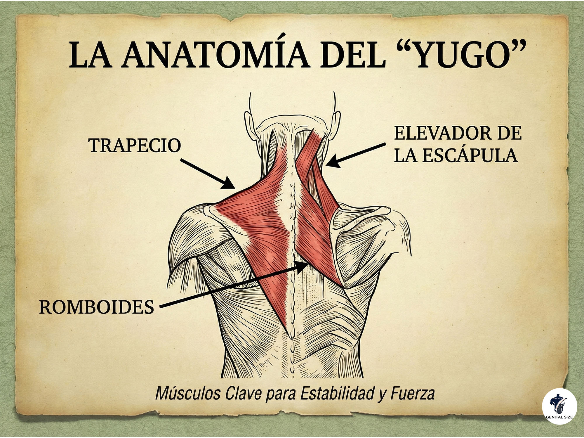 Diagrama que muestra los trapecios, los erectores espinales y los glúteos: el 'yugo' de un hombre fuerte.
