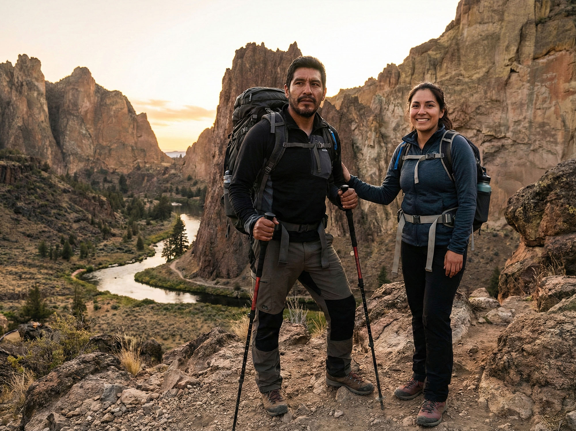 Hombre y mujer haciendo senderismo al aire libre