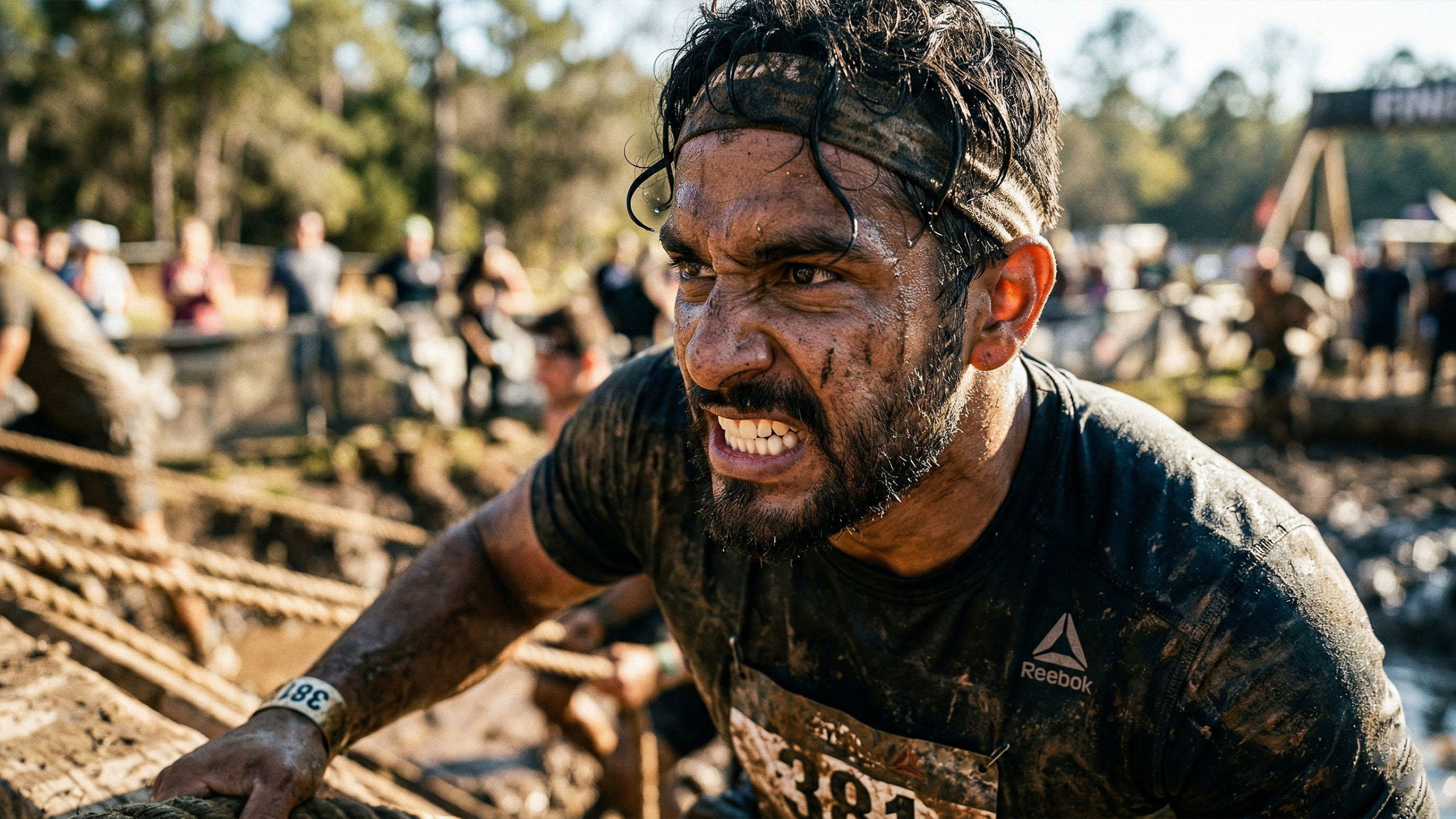 Hombre compitiendo solo en un desafío físico exigente, encarnando el impulso crudo y el logro ganado