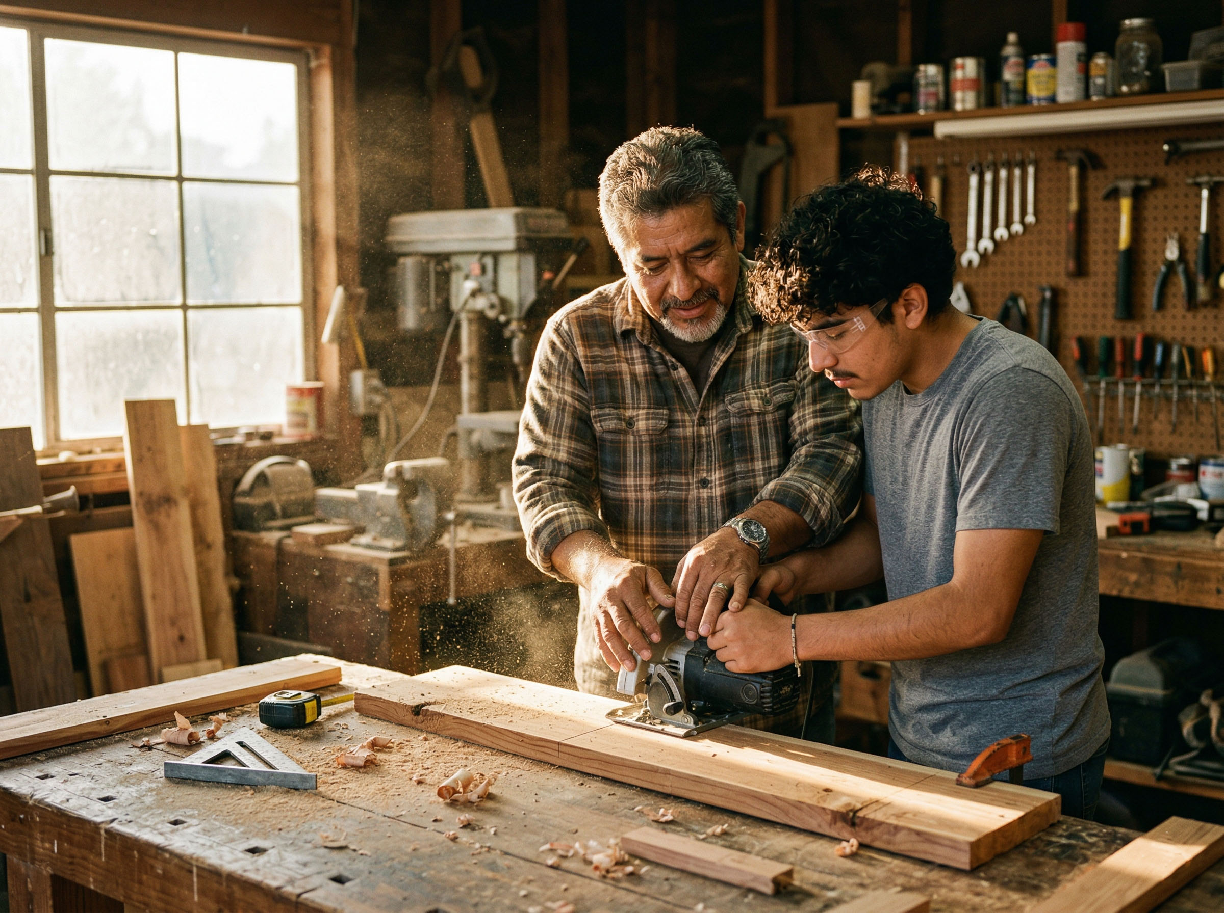 Padre e hijo trabajando juntos en un proyecto al aire libre, construyendo algo con sus manos
