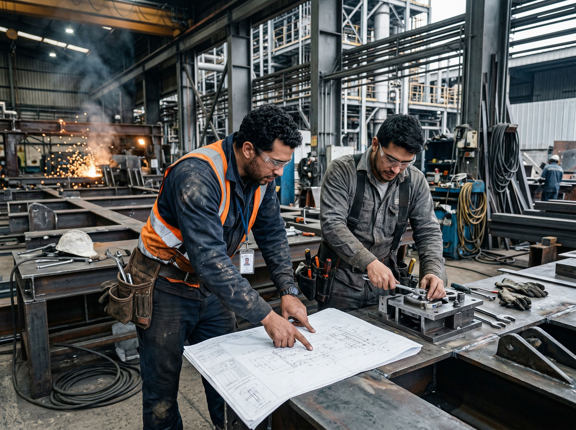 Dos hombres trabajando intensamente en un sitio de construcción o ingeniería, enfocados y motivados
