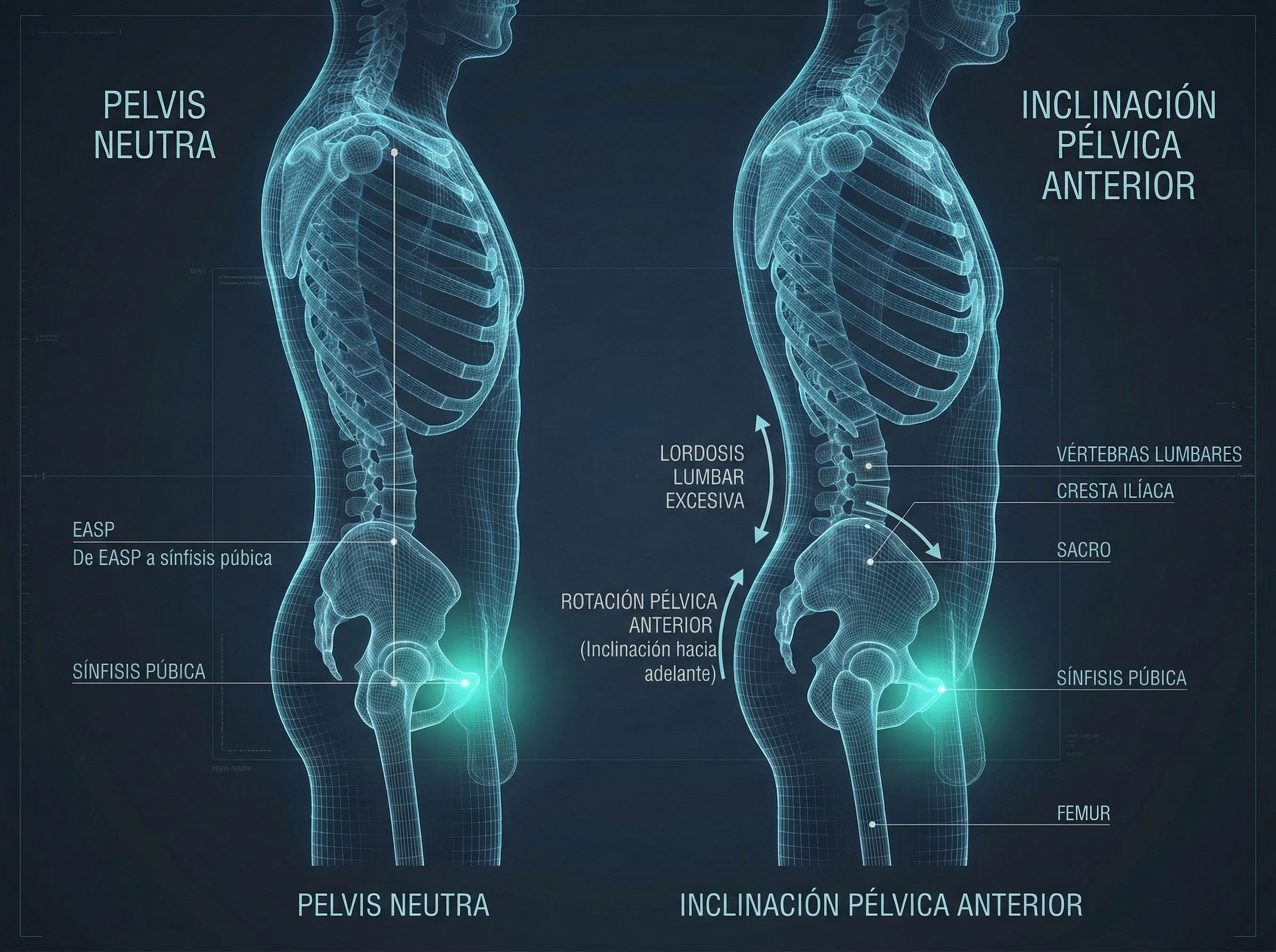 Diagrama que muestra la alineación esquelética de una pelvis neutra frente a la inclinación pélvica anterior