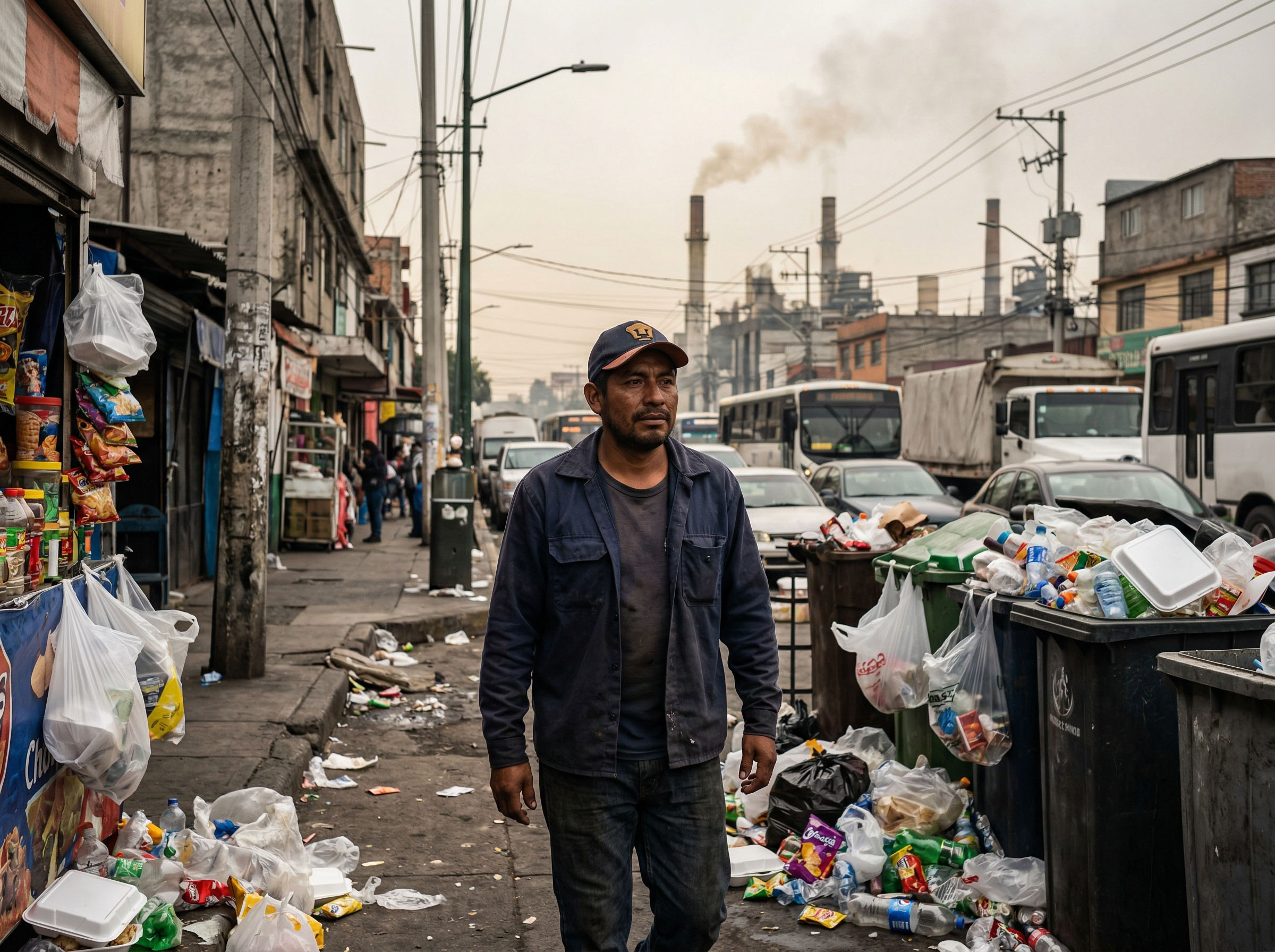 Hombre en entorno urbano rodeado de envases de plástico y contaminación industrial representando riesgos de exposición química para la epigenética masculina