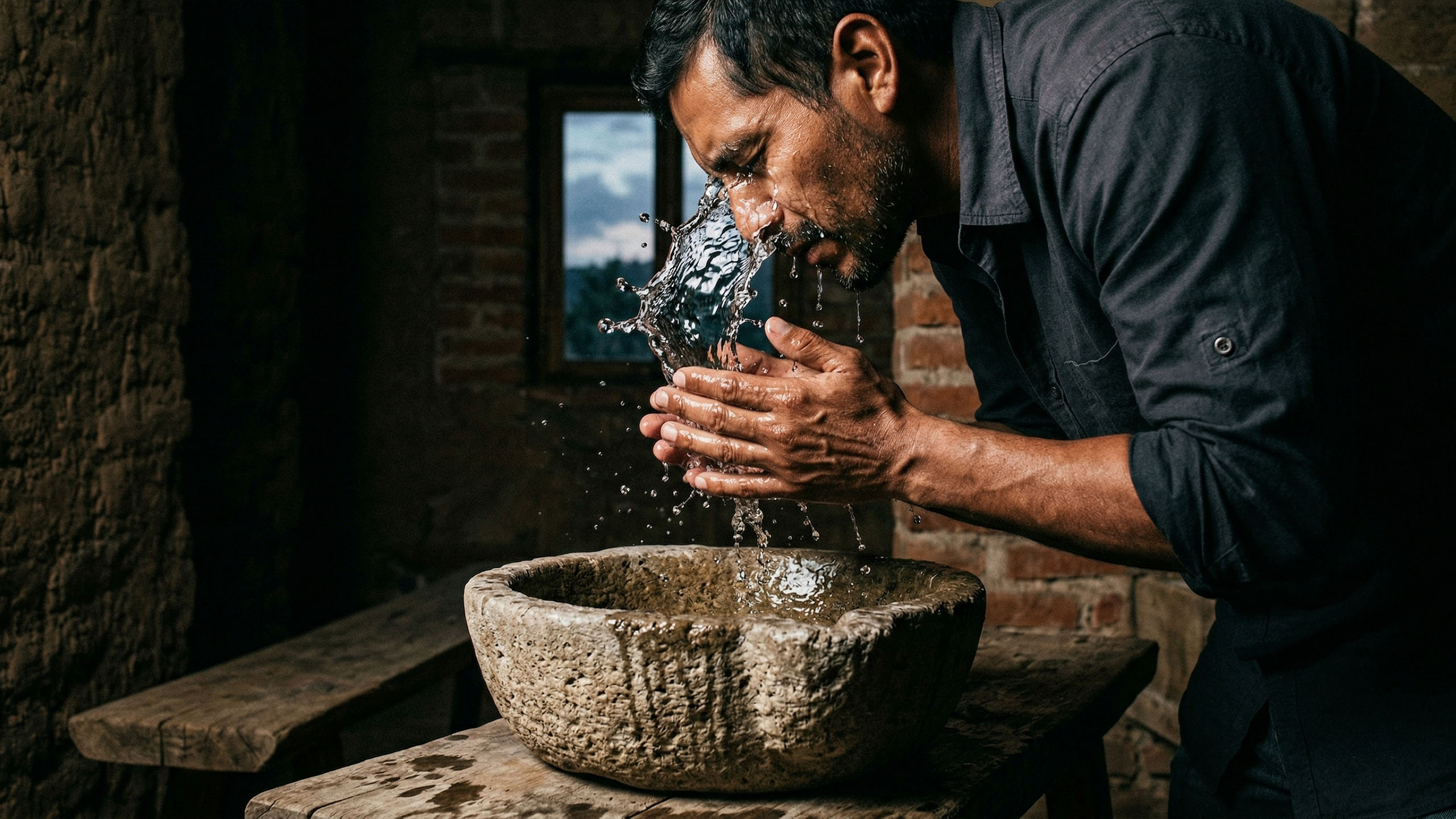 Un hombre con barba corta se salpica agua en la cara en un baño minimalista.