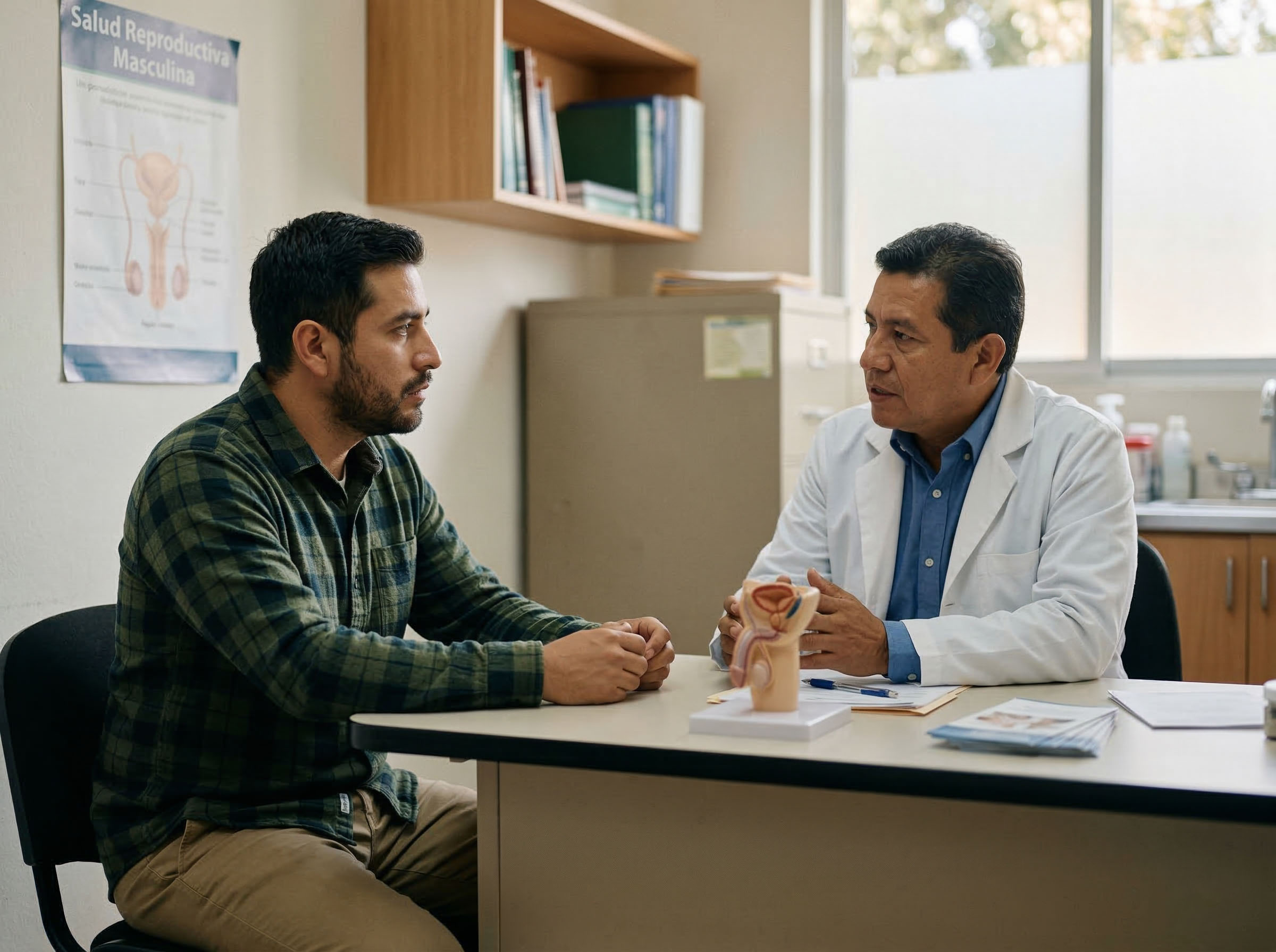 Hombre en consulta médica discutiendo salud reproductiva