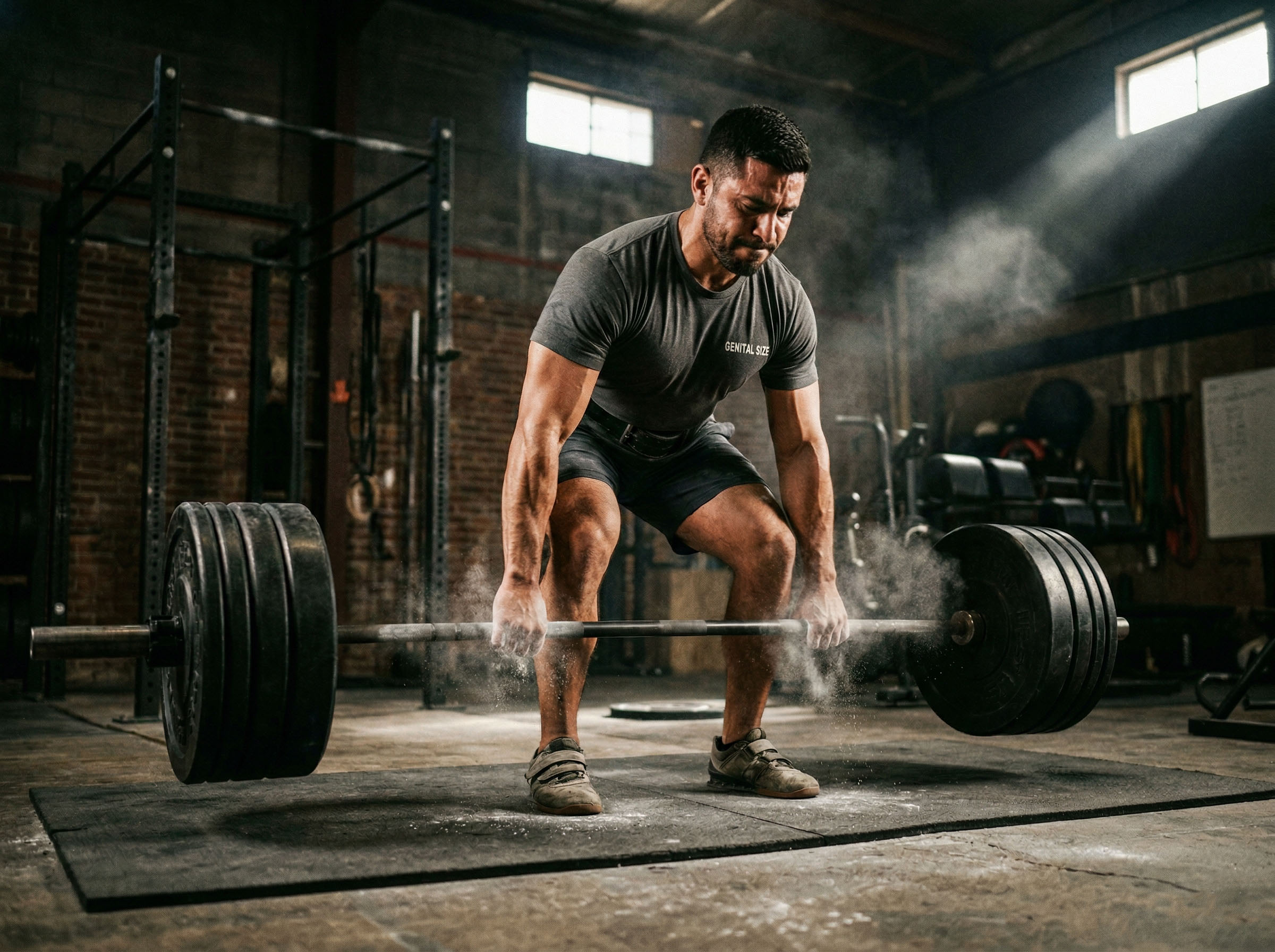 Un hombre entrenando en un gimnasio con pesas de hierro, representando la disciplina, la testosterona y el impulso masculino