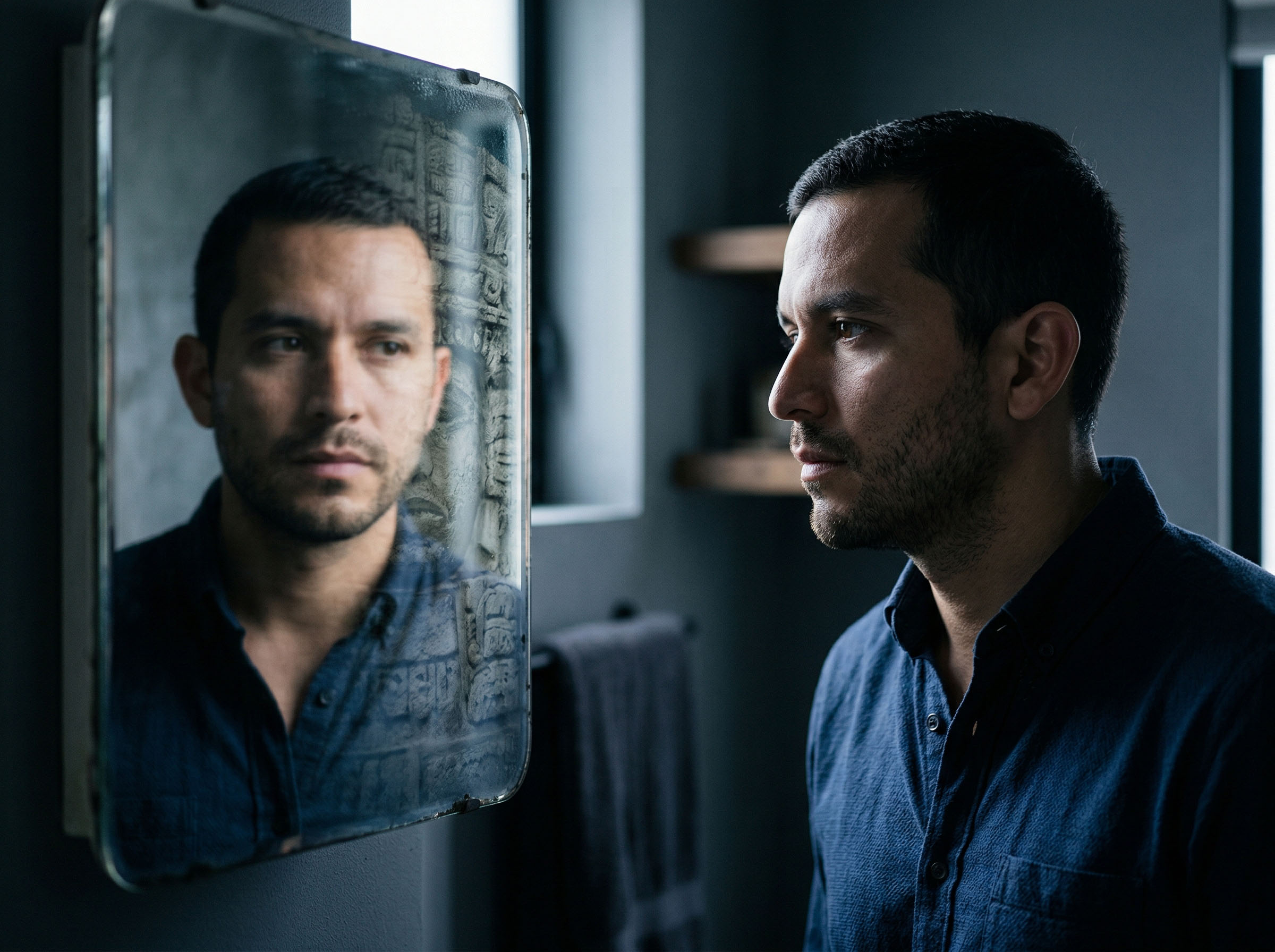 Hombre reflexionando sobre la imagen de sí mismo y la masculinidad en el contexto moderno