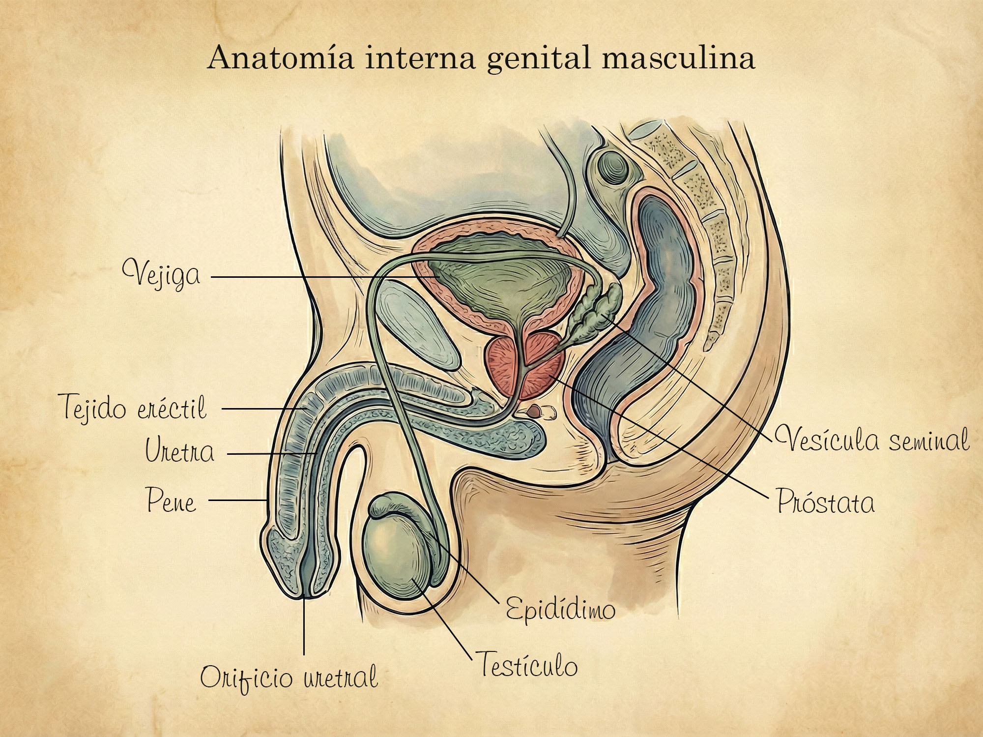 Ilustración médica de la anatomía interna genital masculina humana.
