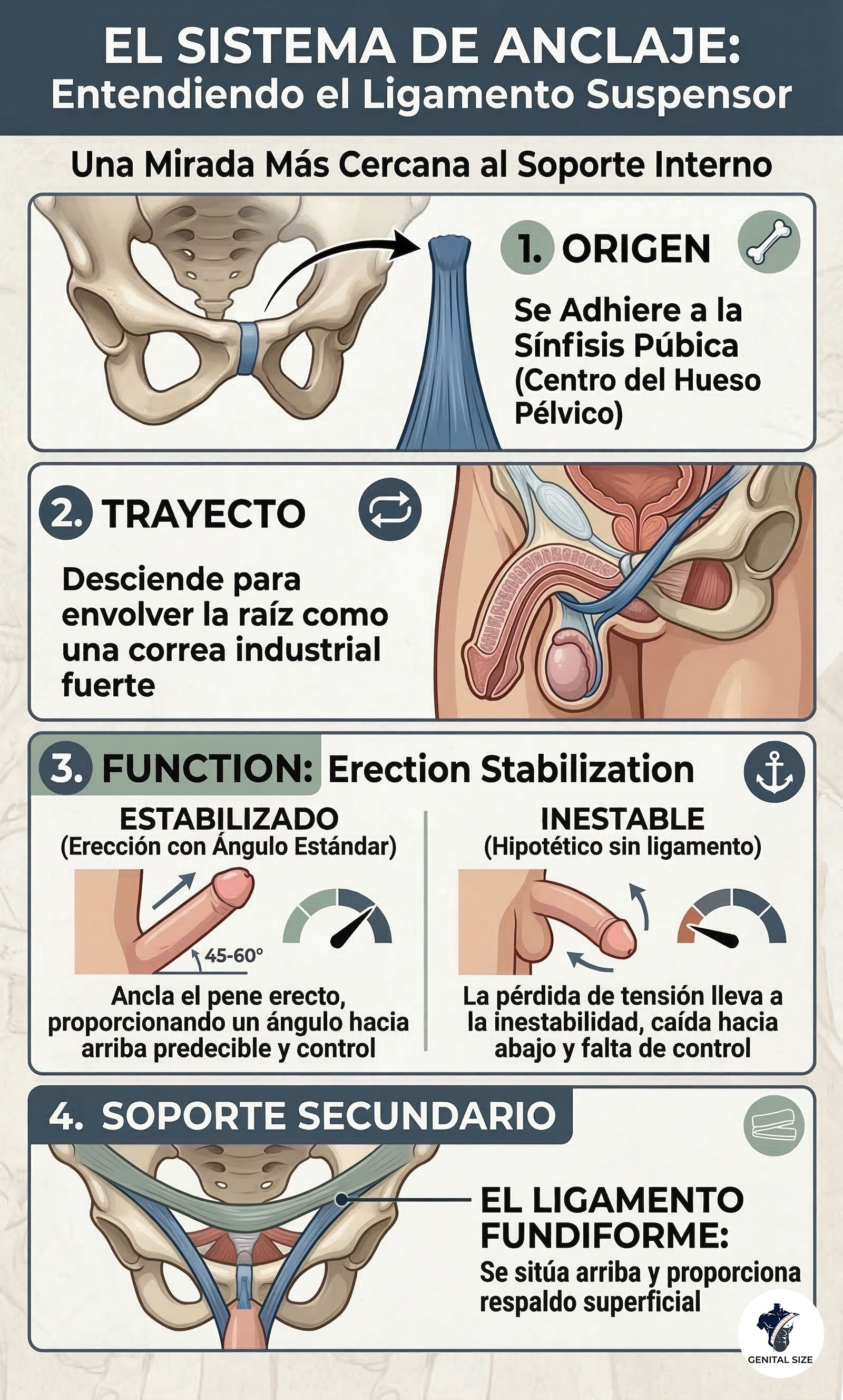 Infografía que detalla la anatomía y función del ligamento suspensorio