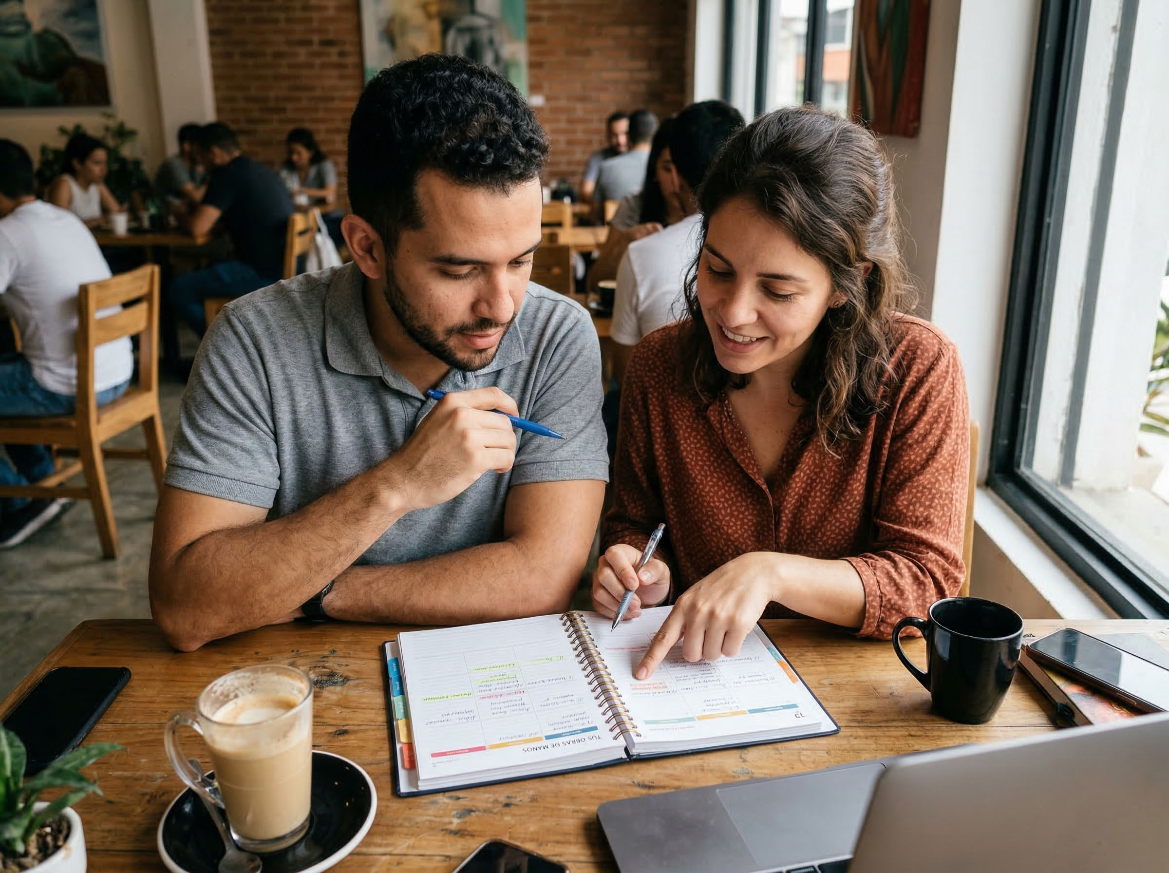 Un hombre y una mujer revisando una agenda juntos