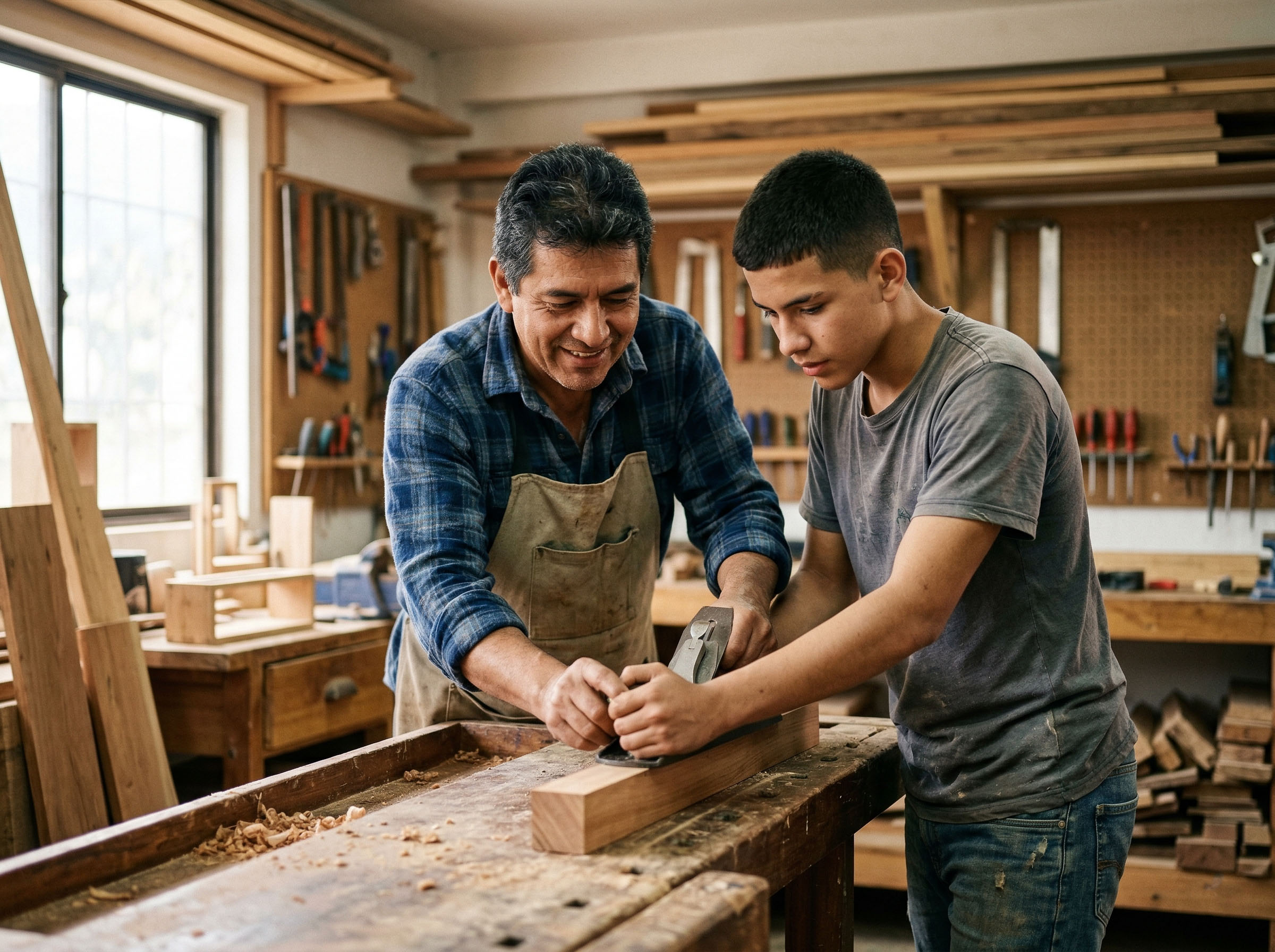 Un padre enseñando a su hijo a trabajar la madera en un taller