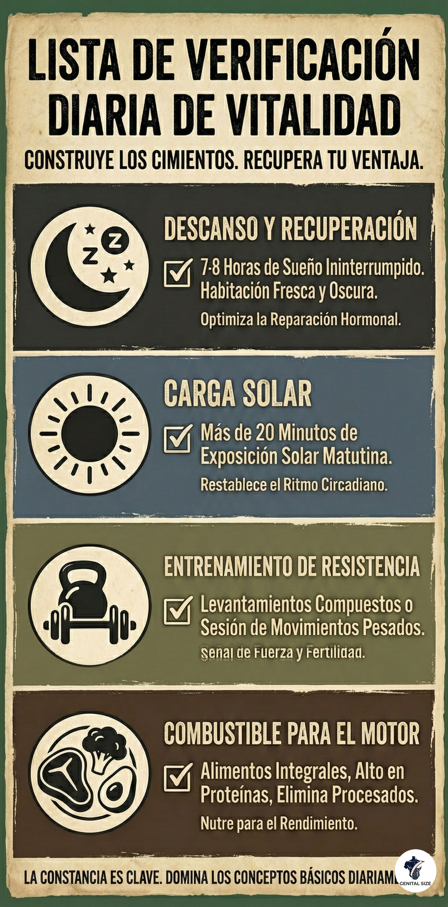 Una infografía vertical titulada 'Lista de Verificación Diaria de Vitalidad' que describe los pilares para la salud masculina: Descanso, Carga Solar, Entrenamiento de Fuerza y Alimentación.