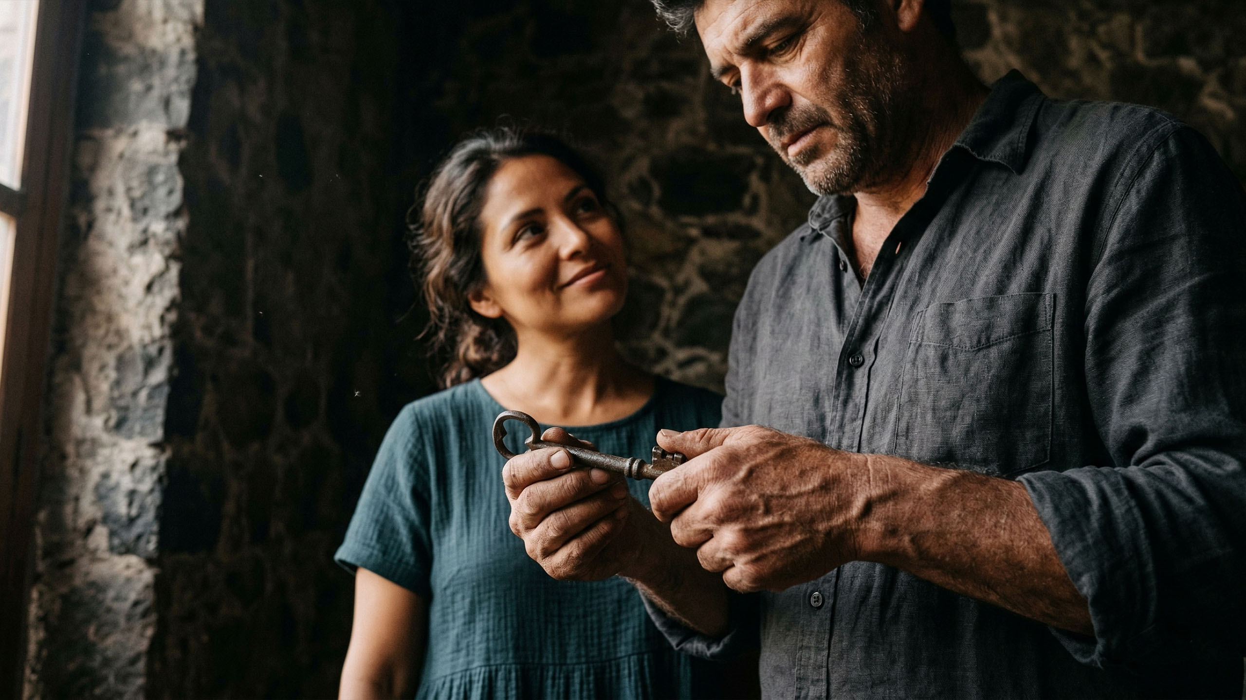 Las manos de un hombre sosteniendo un símbolo tradicional de herencia y protección.