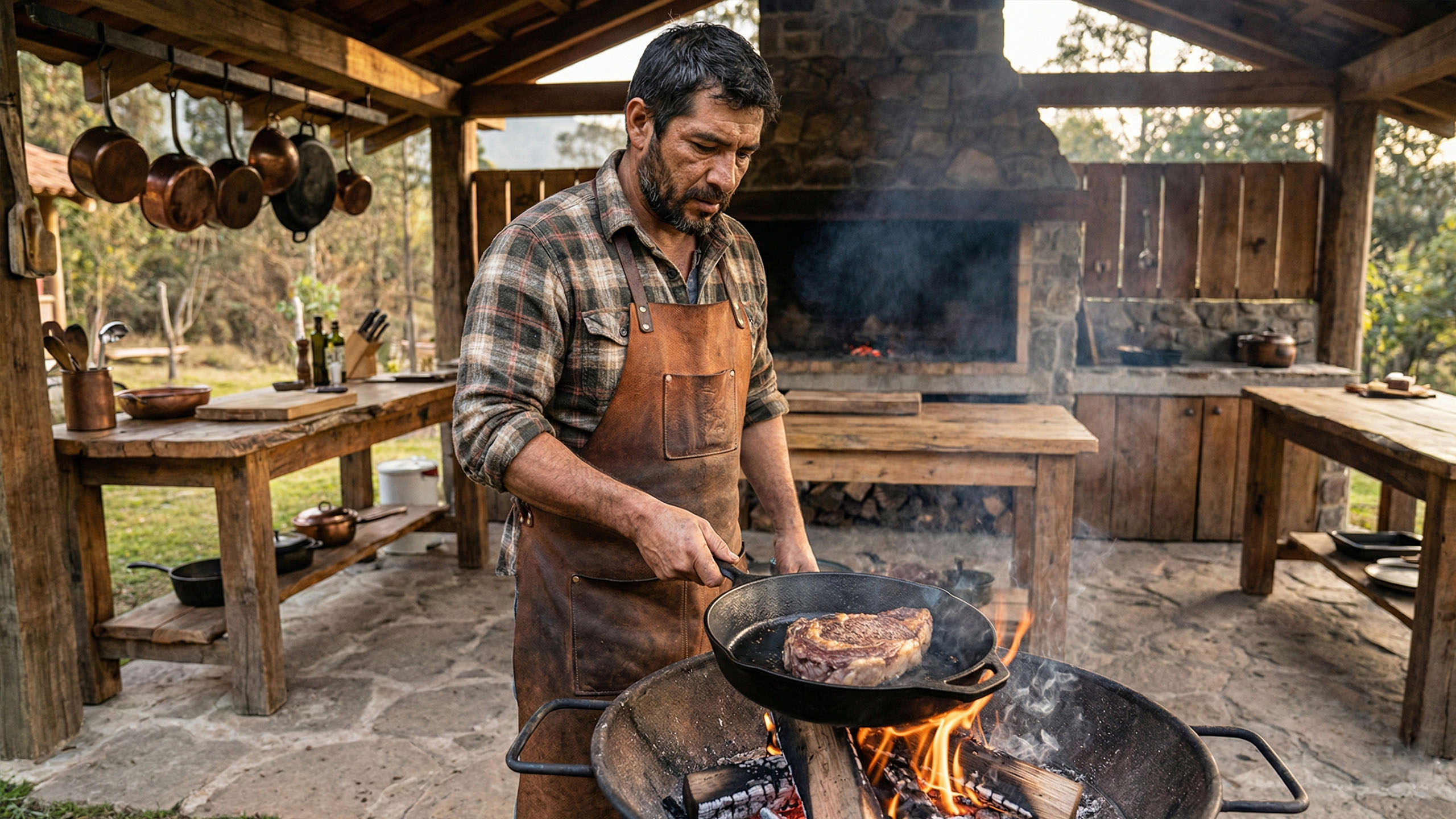 Un hombre preparando comida rica en proteínas para el rendimiento en un entorno rústico.