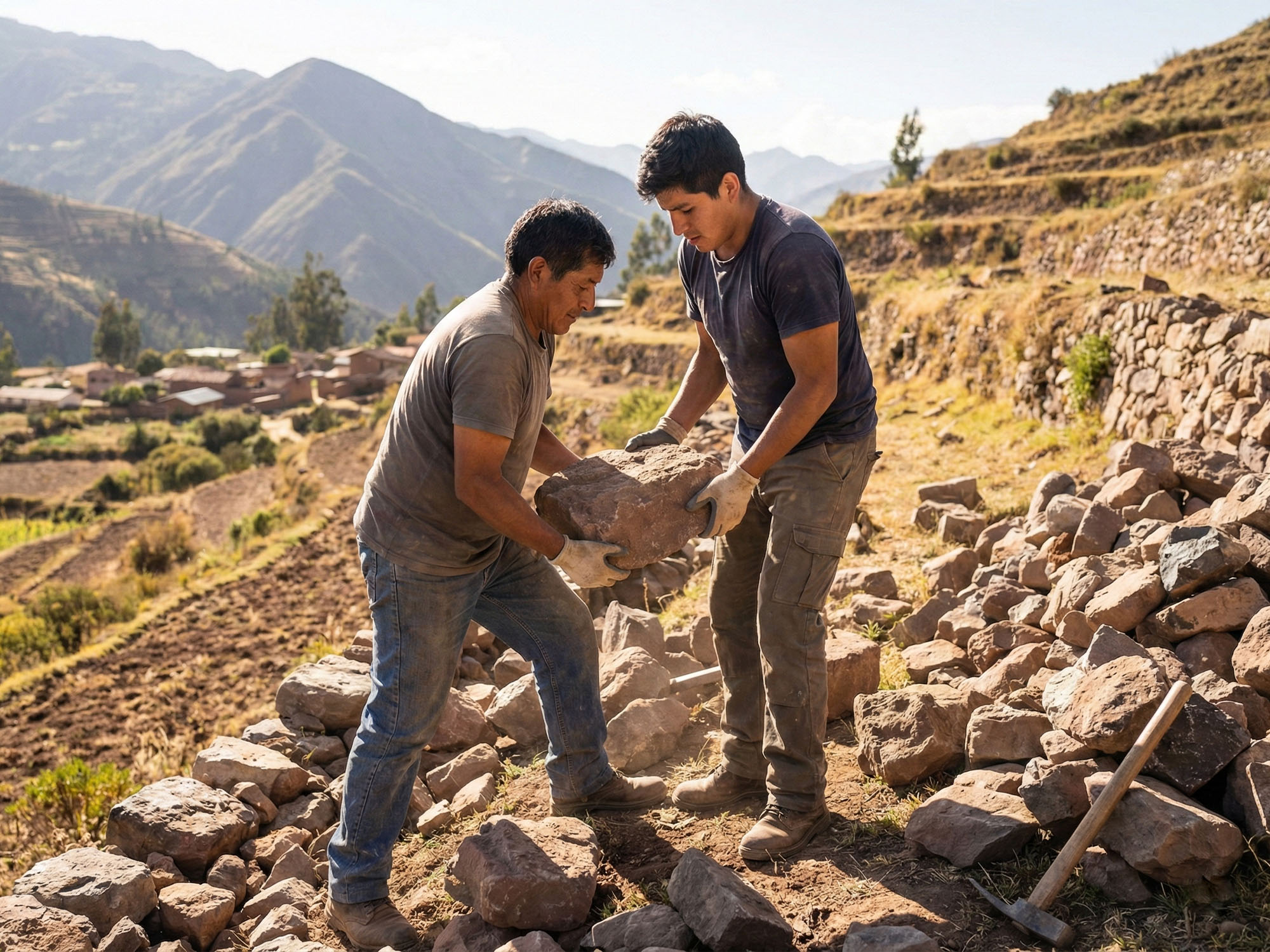 un padre y su hijo realizando una actividad manual al aire libre.