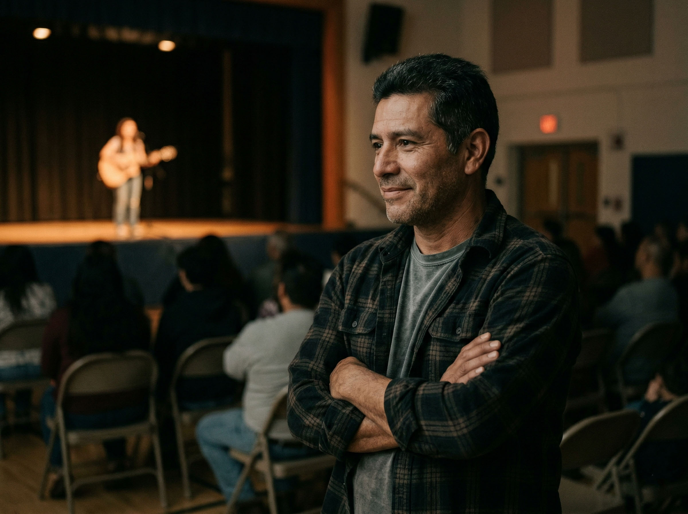 Padre mirando a su hija actuar en la escuela, con orgullo emocional en su rostro