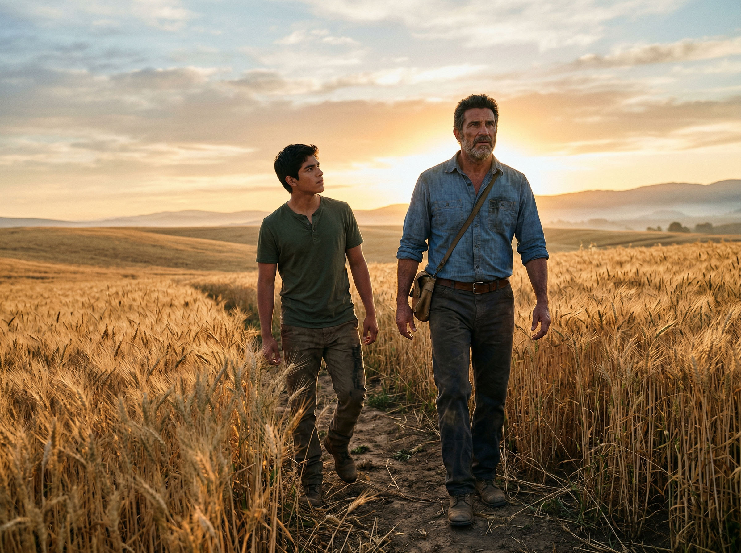 Un padre y un hijo caminando juntos al amanecer por un campo abierto, representando la fuerza generacional y el legado familiar