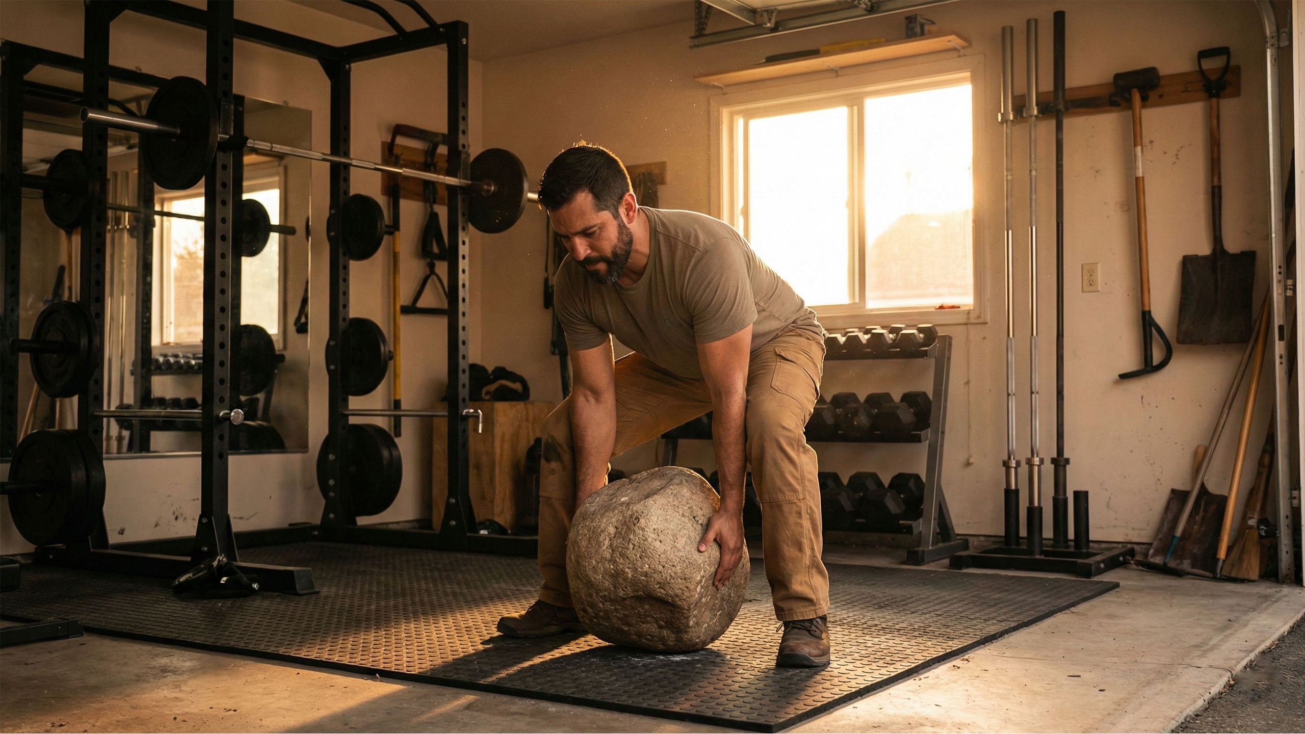 Un hombre realizando un levantamiento con un objeto irregular para desarrollar fuerza funcional de guerrero.