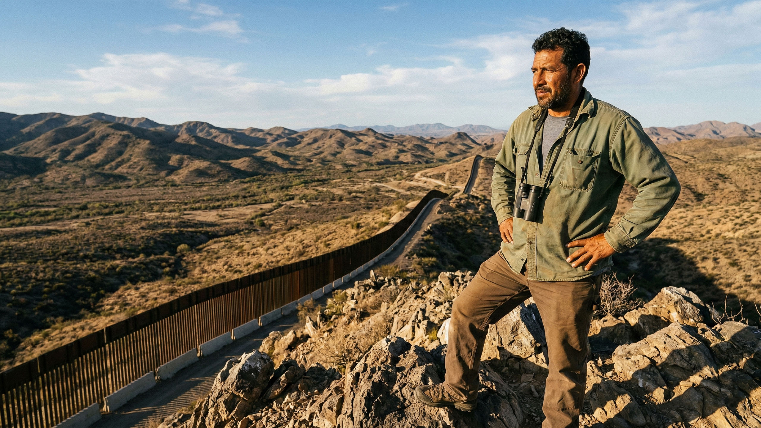Un hombre observando una frontera nacional, simbolizando la protección de la soberanía.