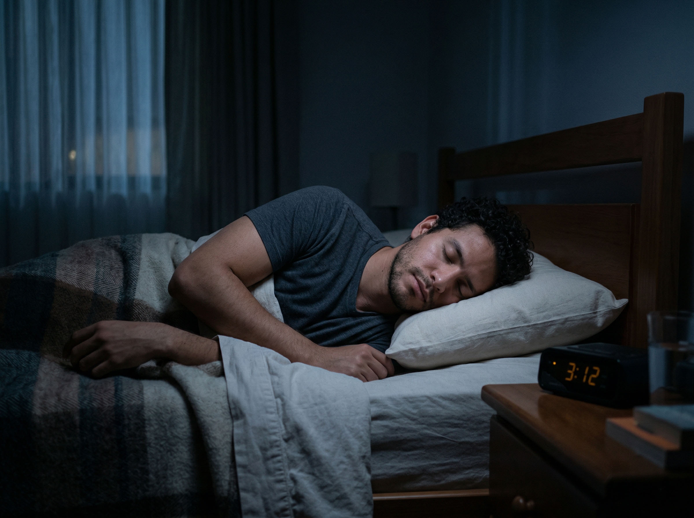 Hombre durmiendo profundamente en una habitación oscura que representa el sueño reparador y la producción de testosterona