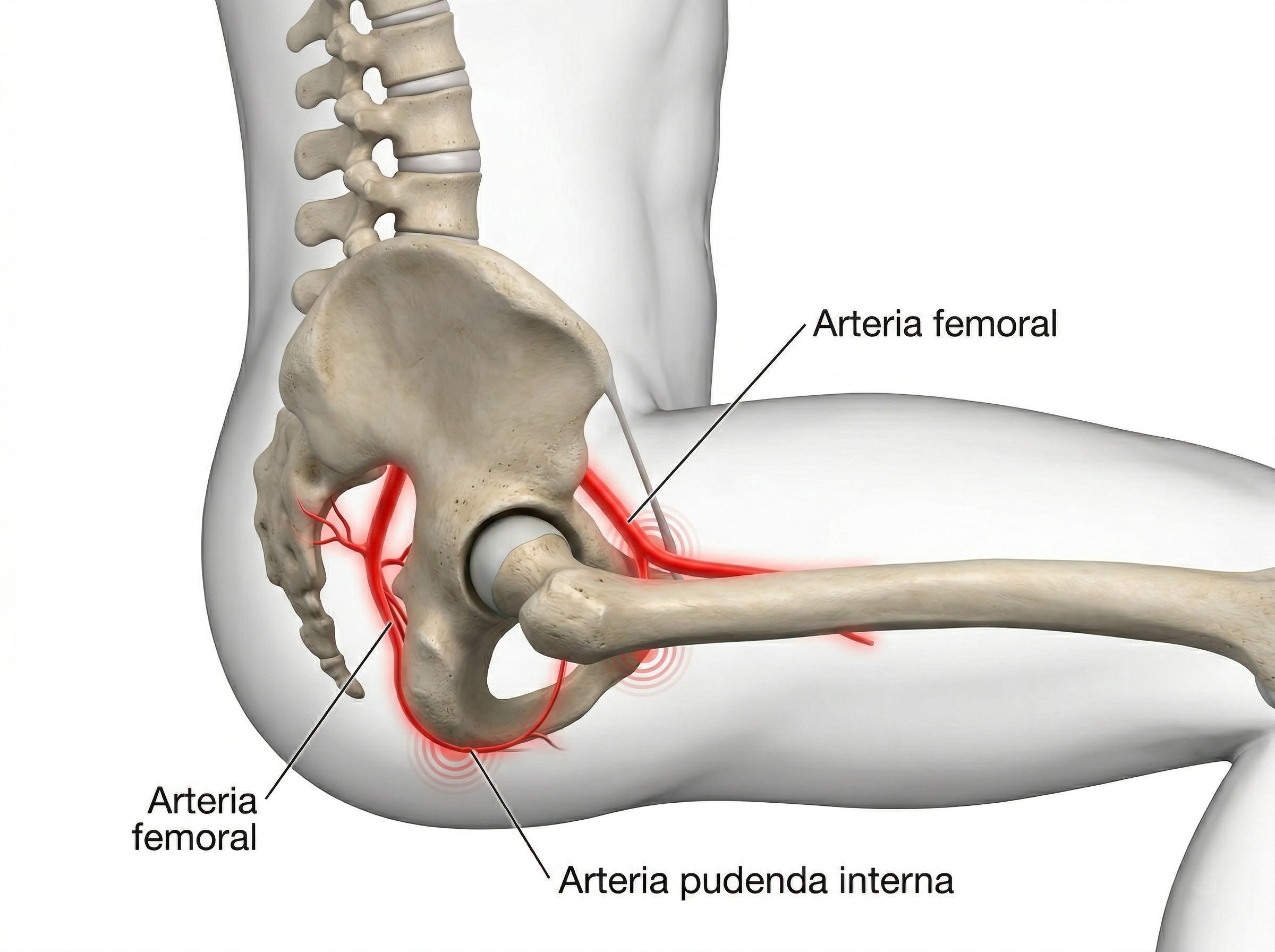 Diagrama que muestra cómo estar sentado de forma prolongada comprime los vasos sanguíneos pélvicos y reduce la circulación hacia los genitales masculinos