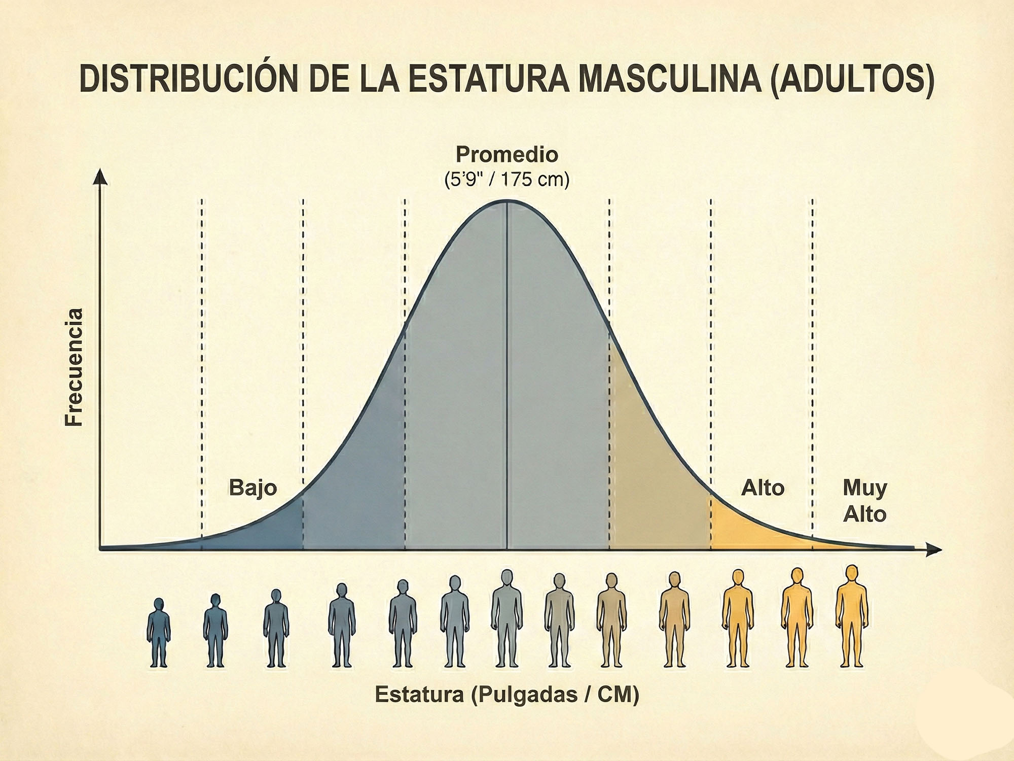Gráfico de curva de campana de la distribución de la altura masculina.