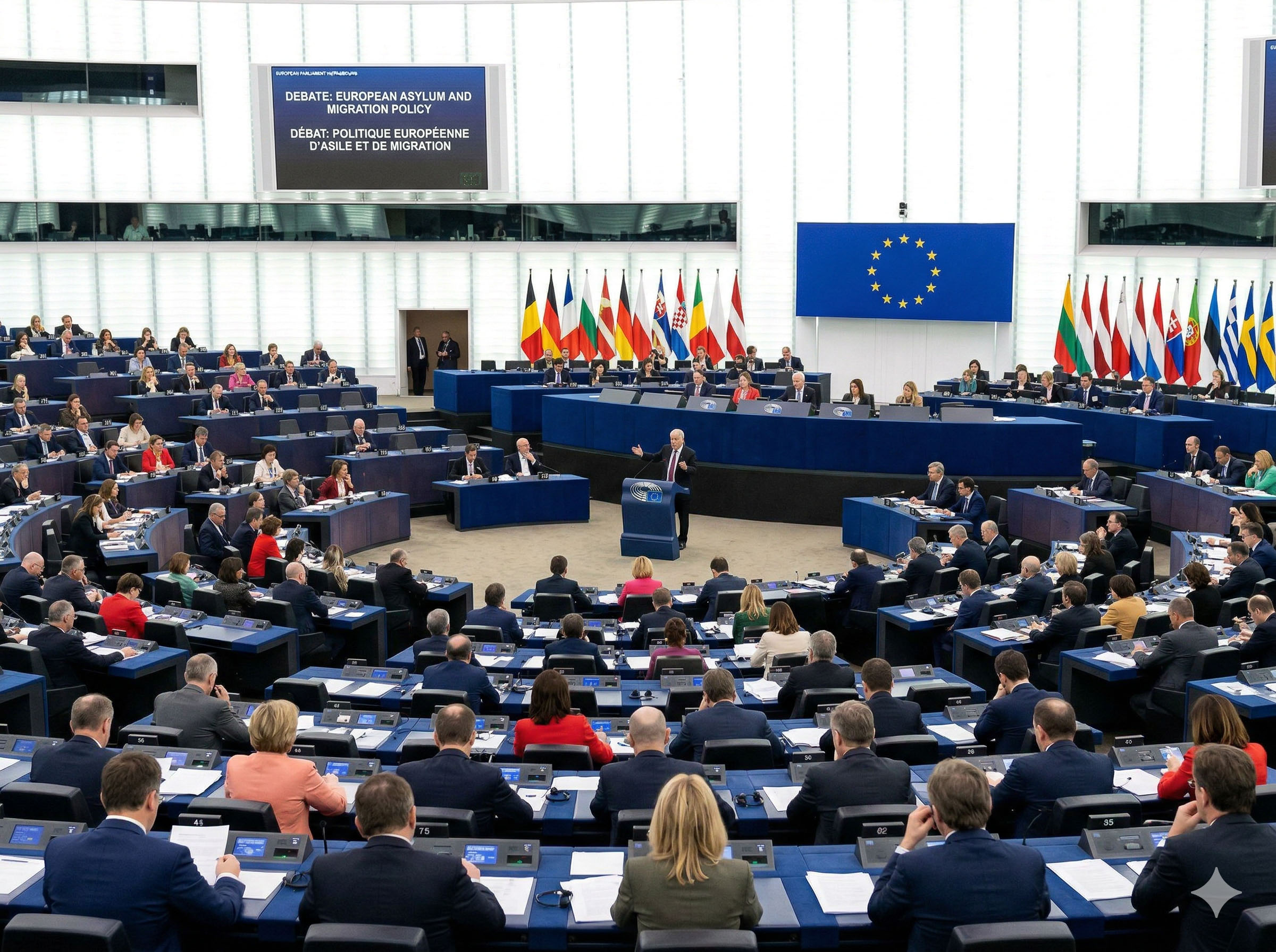 European parliament chamber during immigration policy debate session