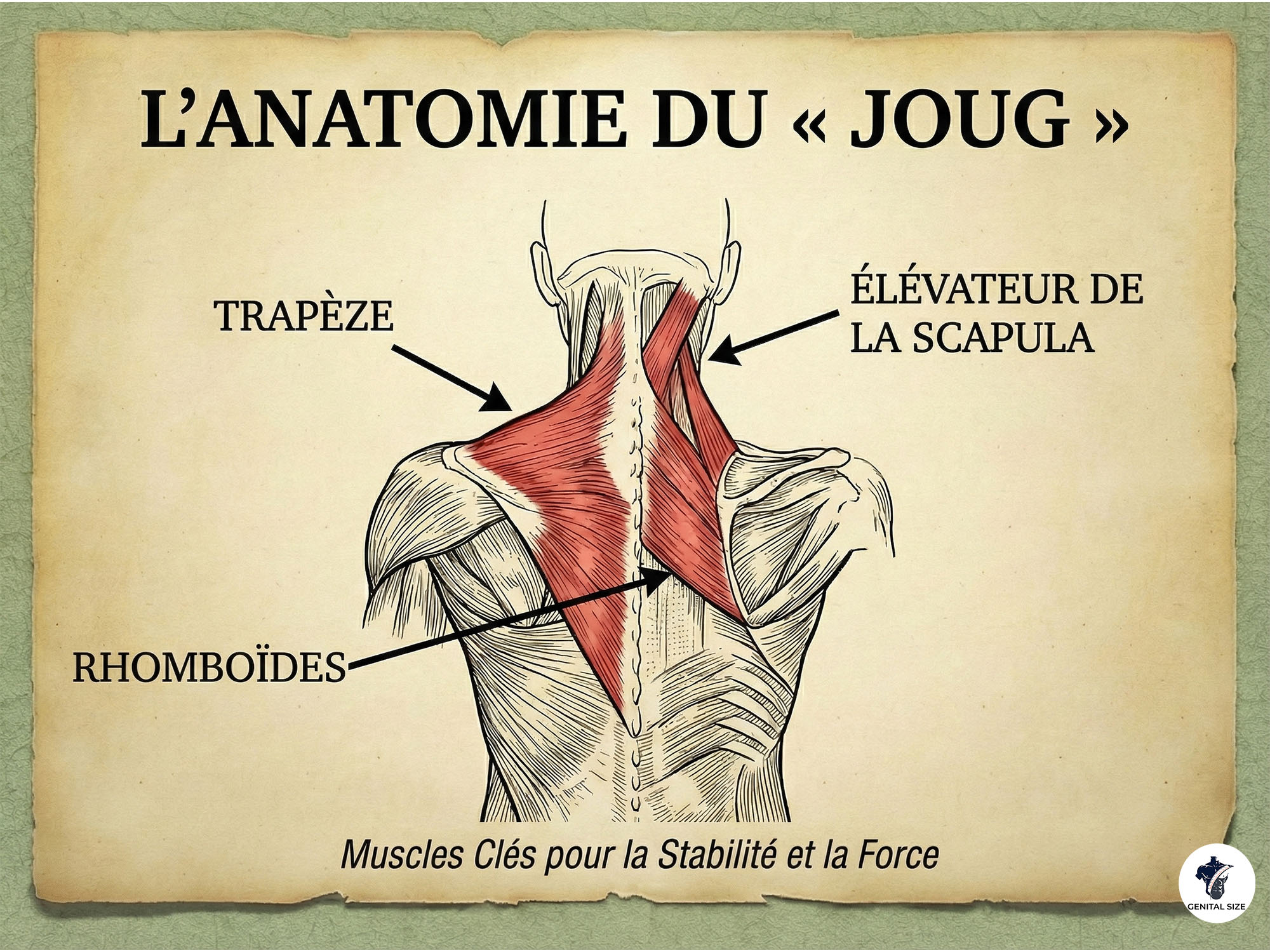 Schéma montrant les trapèzes, les muscles érecteurs du rachis et les fessiers — le « joug » d'un homme fort.