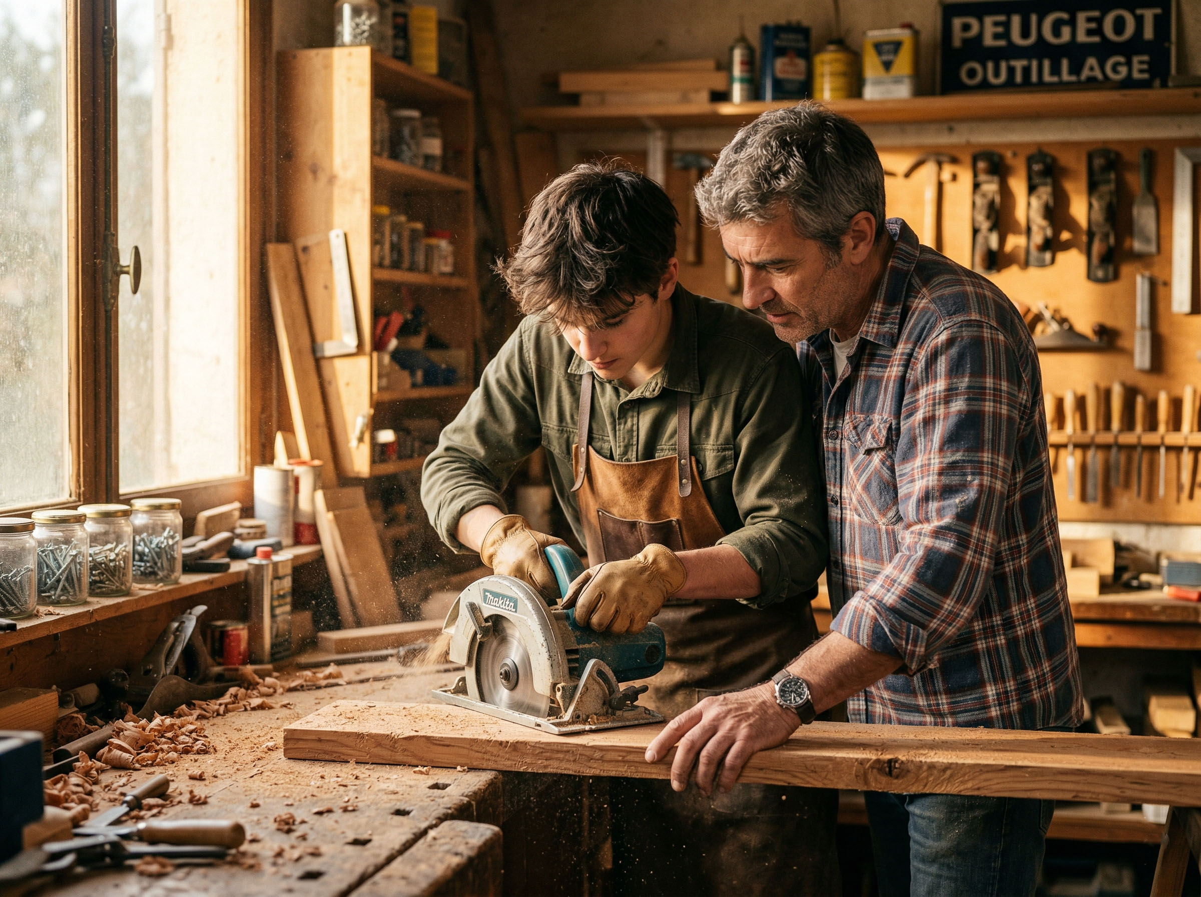 Père et fils travaillant ensemble sur un projet en extérieur, construisant quelque chose de leurs mains