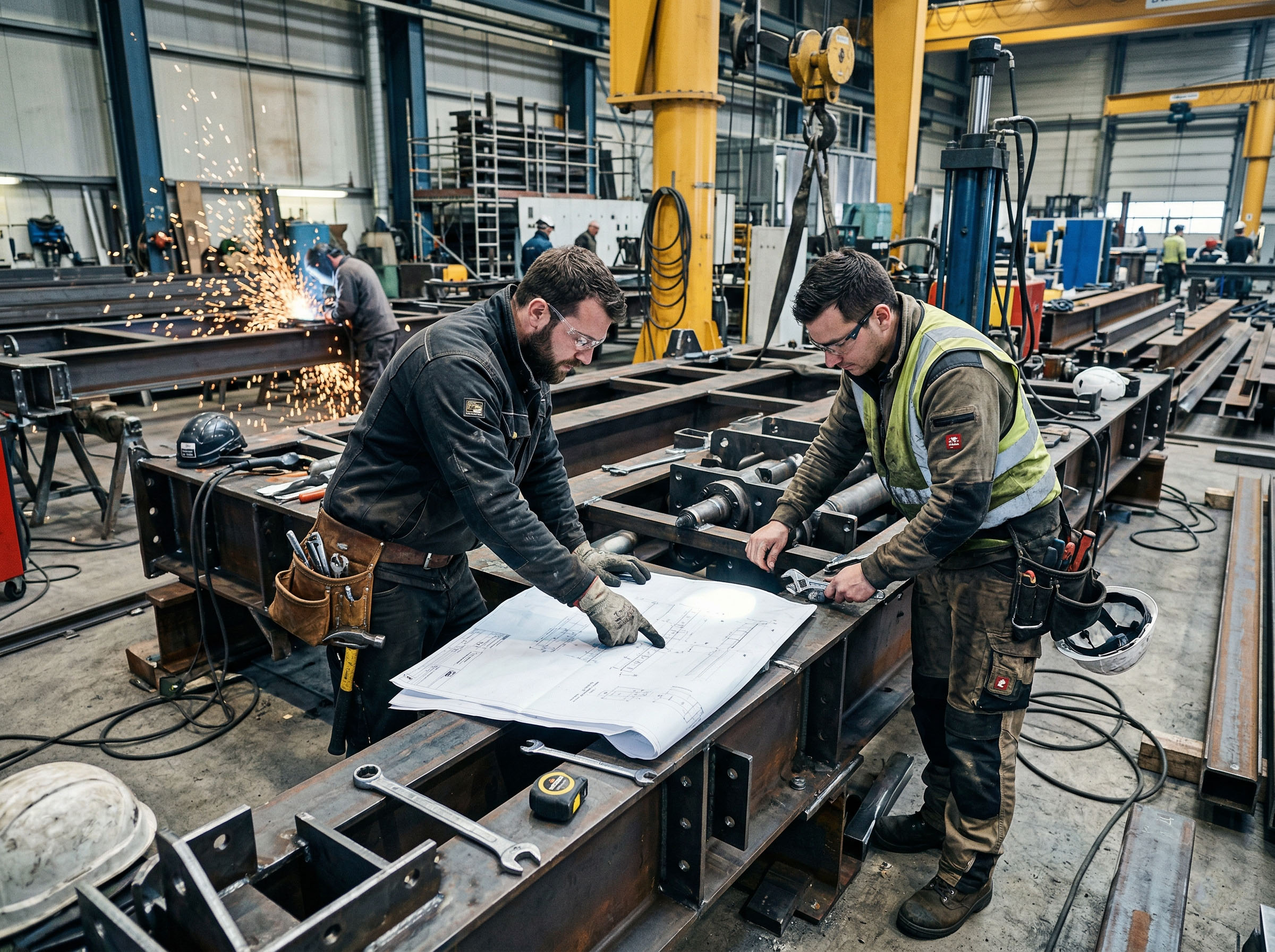 Deux hommes travaillant intensément sur un site de construction ou d'ingénierie, concentrés et déterminés