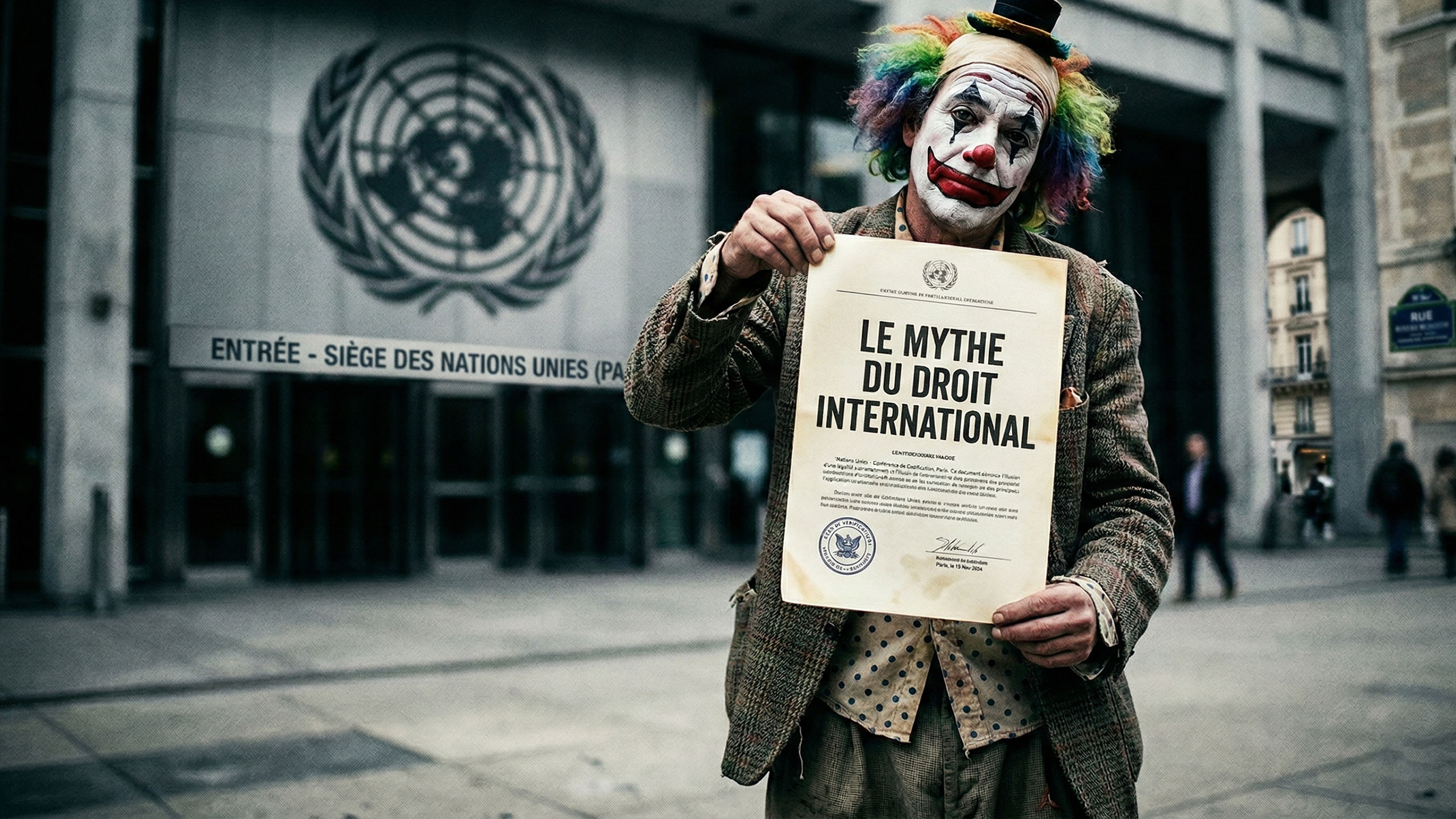 Une représentation symbolique de la force militaire face aux symboles bureaucratiques internationaux.