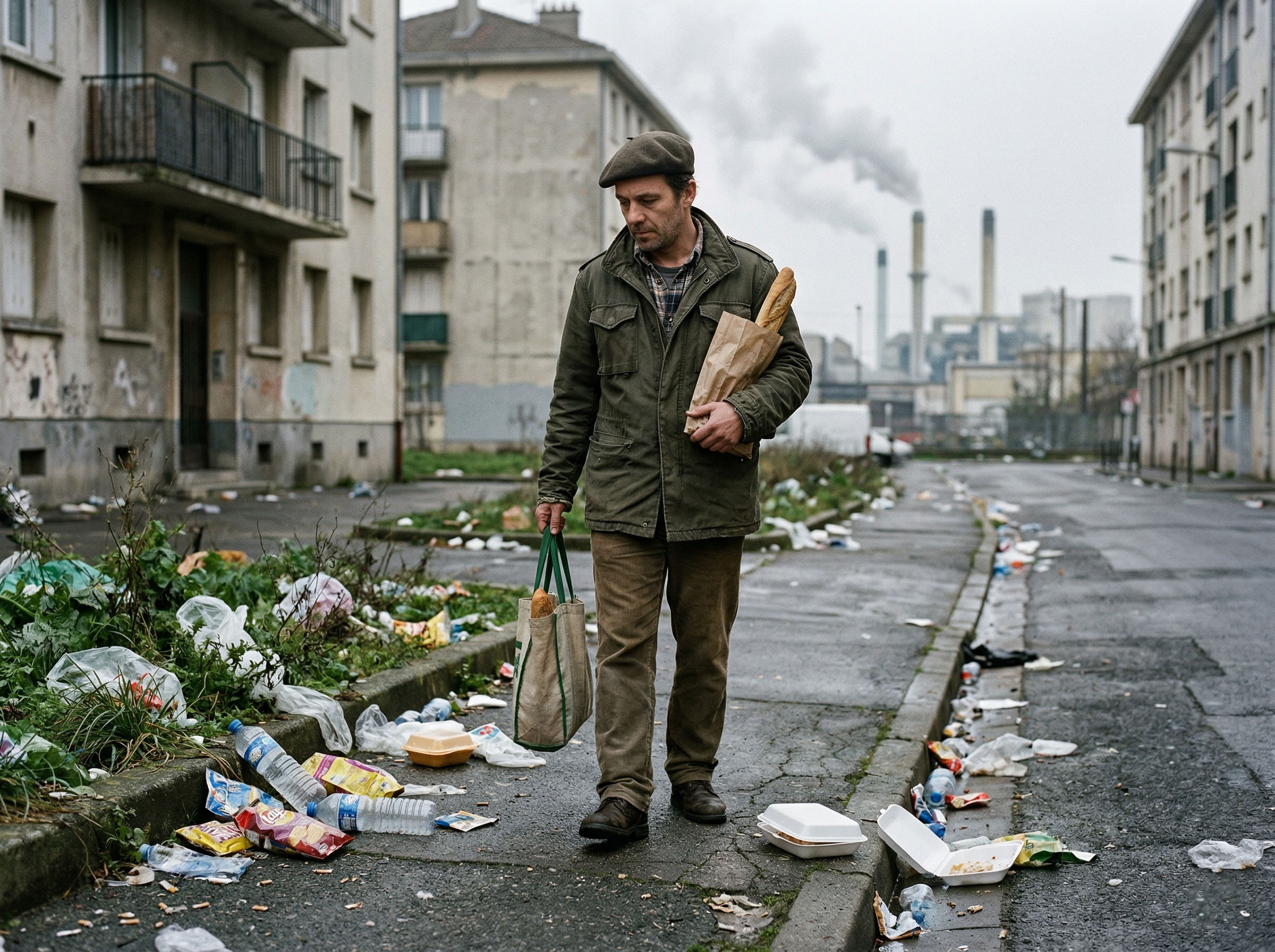 Homme en environnement urbain entouré d'emballages plastiques et de pollution industrielle représentant les risques d'exposition chimique pour l'épigénétique masculine