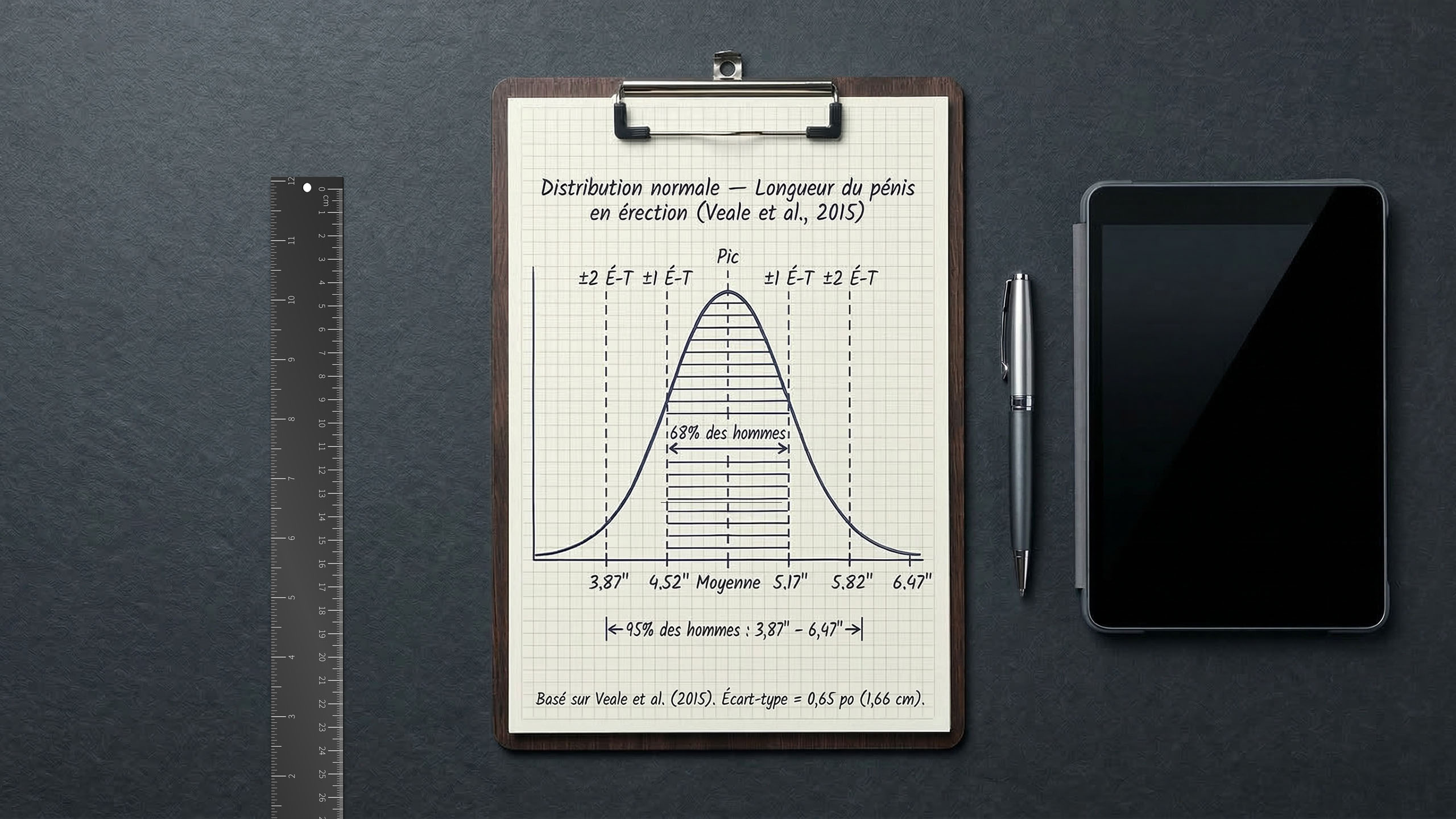Une règle métallique à côté d’un clipboard montrant une courbe de distribution statistique — représentant les données cliniques de la méta-analyse de 2015 sur la taille du pénis auprès de 15 521 hommes.