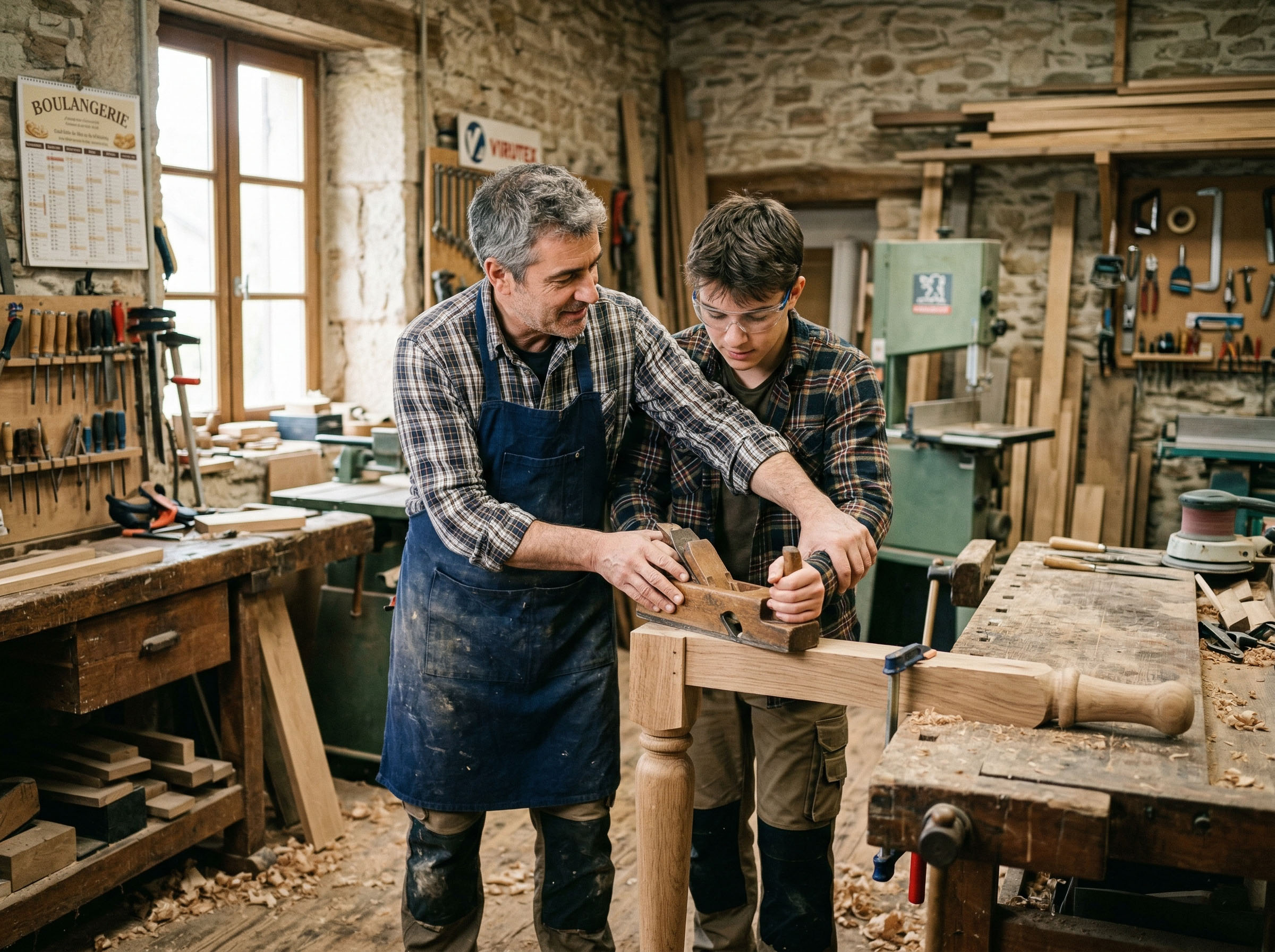 Un père apprenant à son fils comment travailler le bois dans un atelier