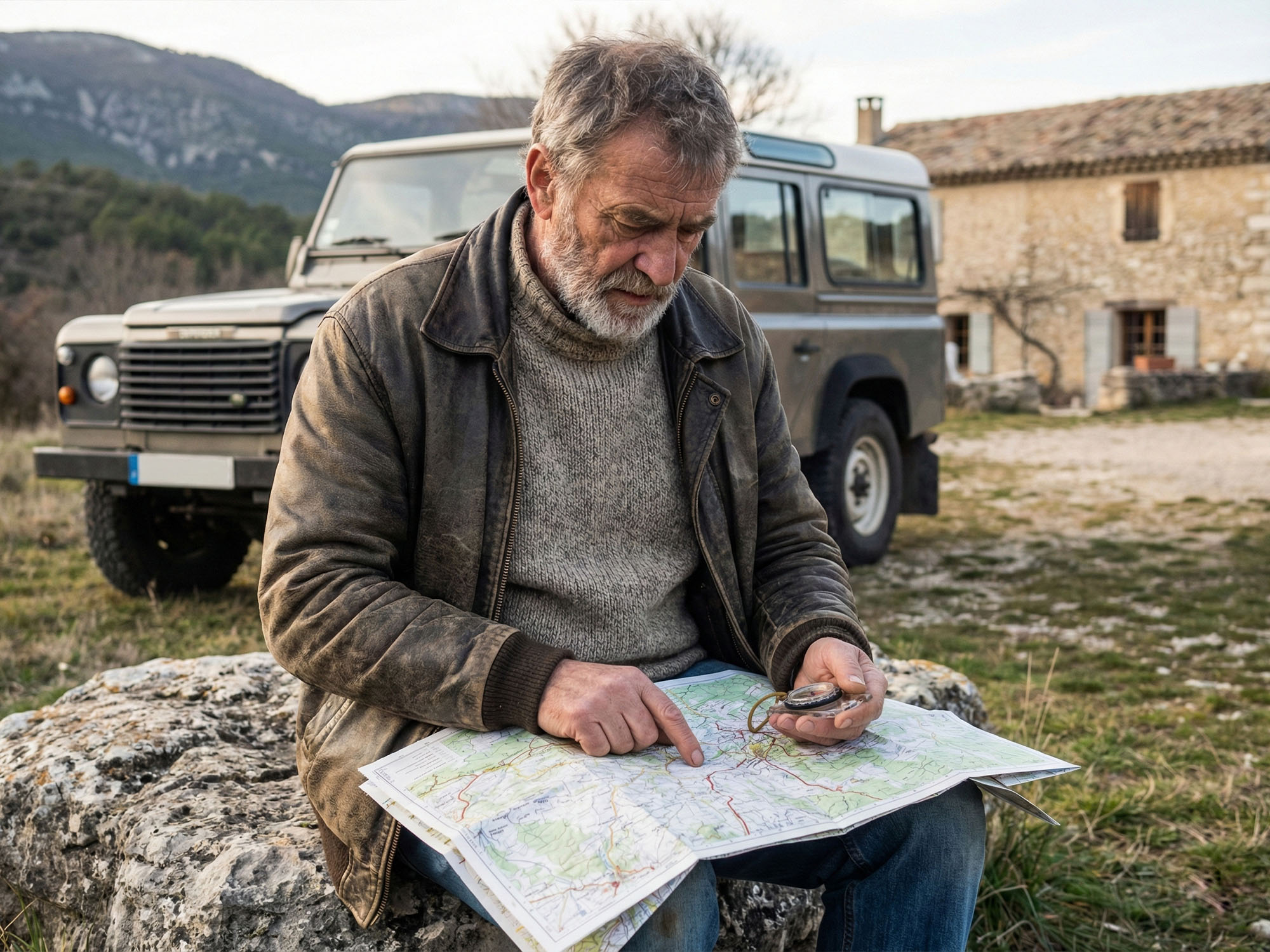 Un homme engagé dans une tâche traditionnelle de pourvoyeur, comme consulter une carte.