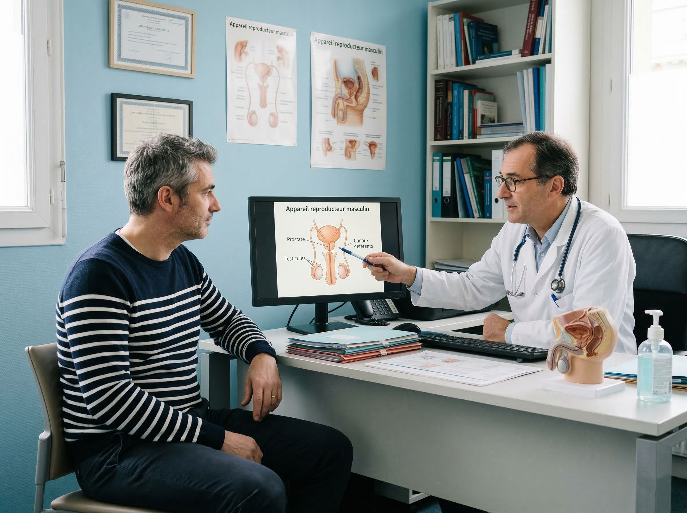 Homme en consultation médicale discutant de santé reproductive