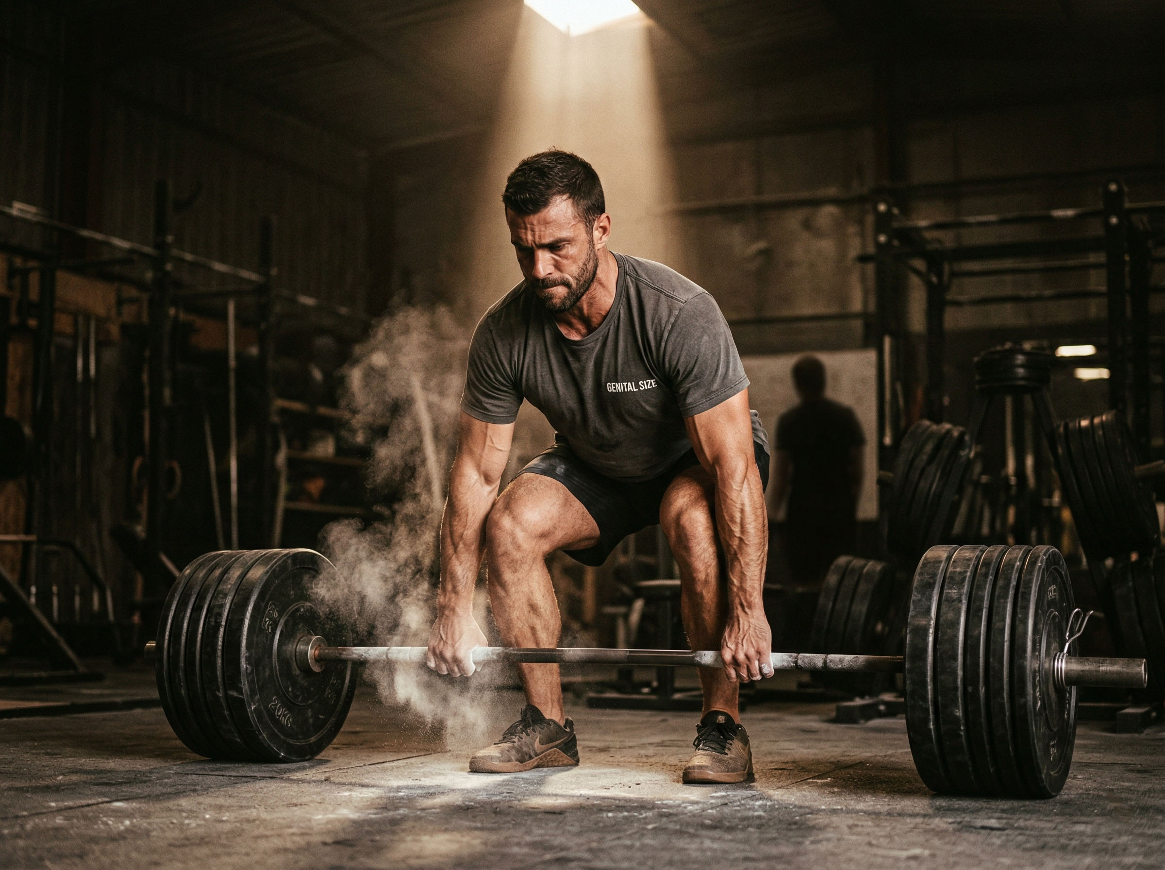Un homme s'entraînant dans une salle de sport avec des poids en fonte, représentant la discipline, la testostérone et la motivation masculine
