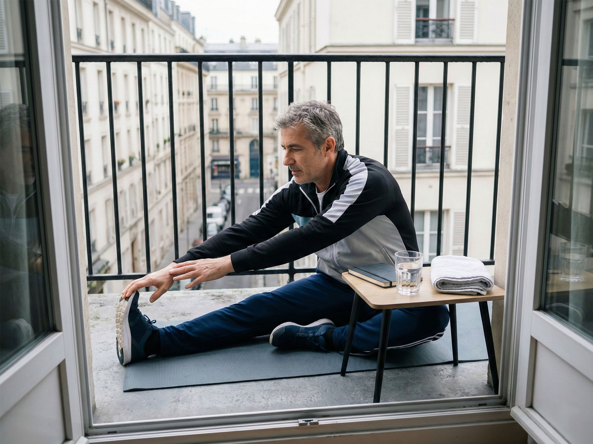 Homme pratiquant un soin de soi discipliné à travers sa routine quotidienne et sa préparation physique