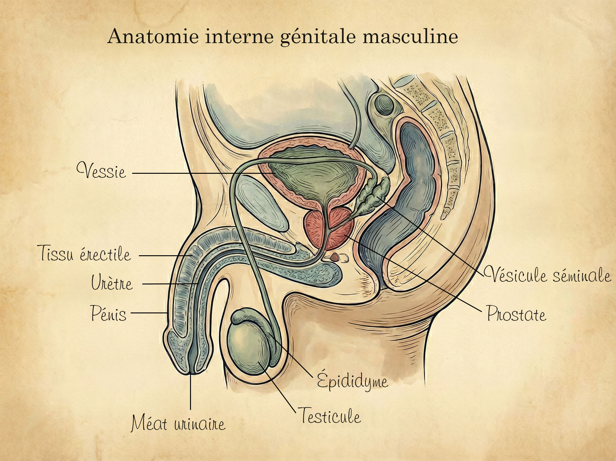 Illustration médicale de l’anatomie interne génitale masculine humaine.