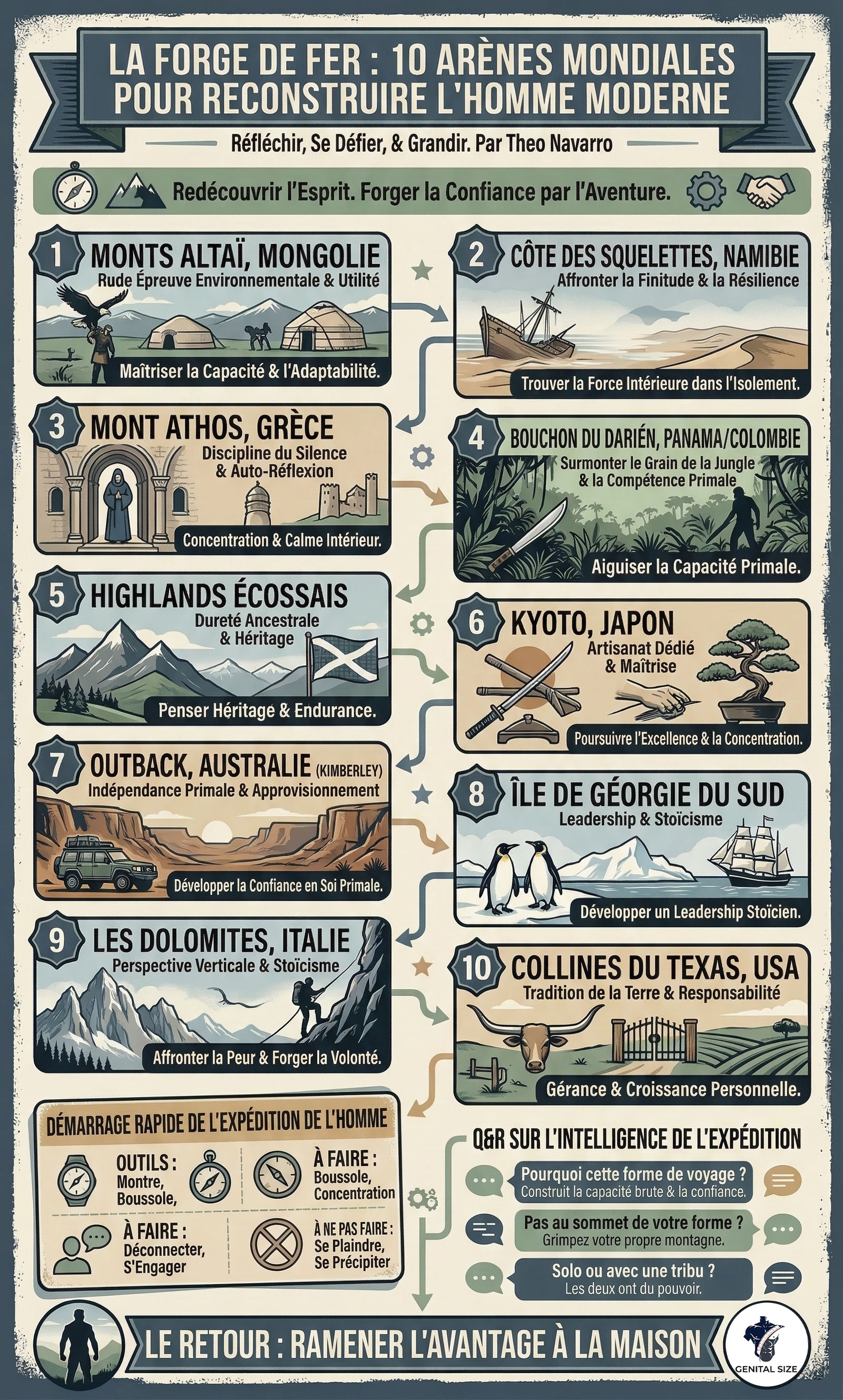 Infographie : La Forge de Fer - 10 Arènes Mondiales pour Reconstruire l'Homme Moderne