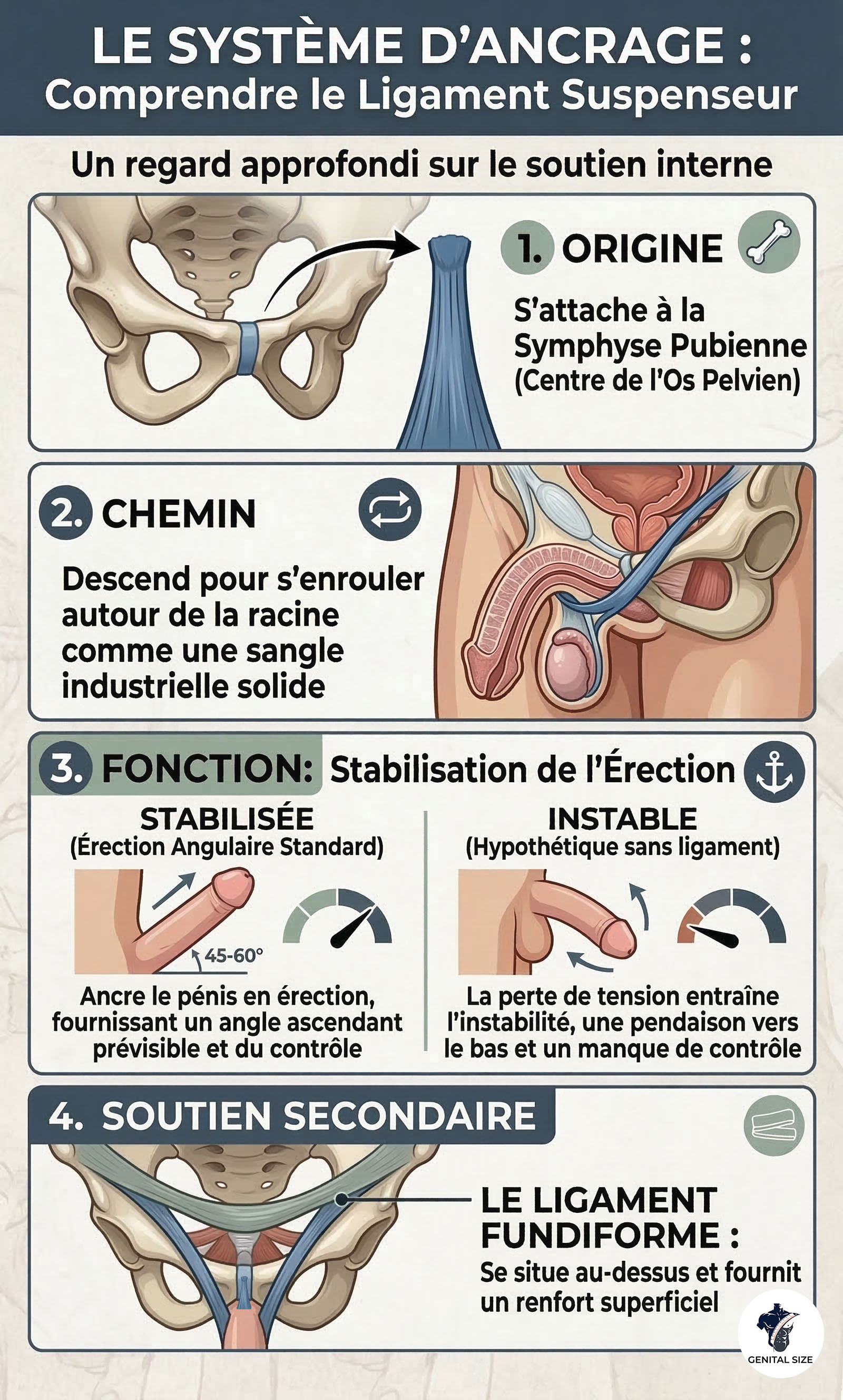 Infographie détaillant l'anatomie et la fonction du ligament suspendu
