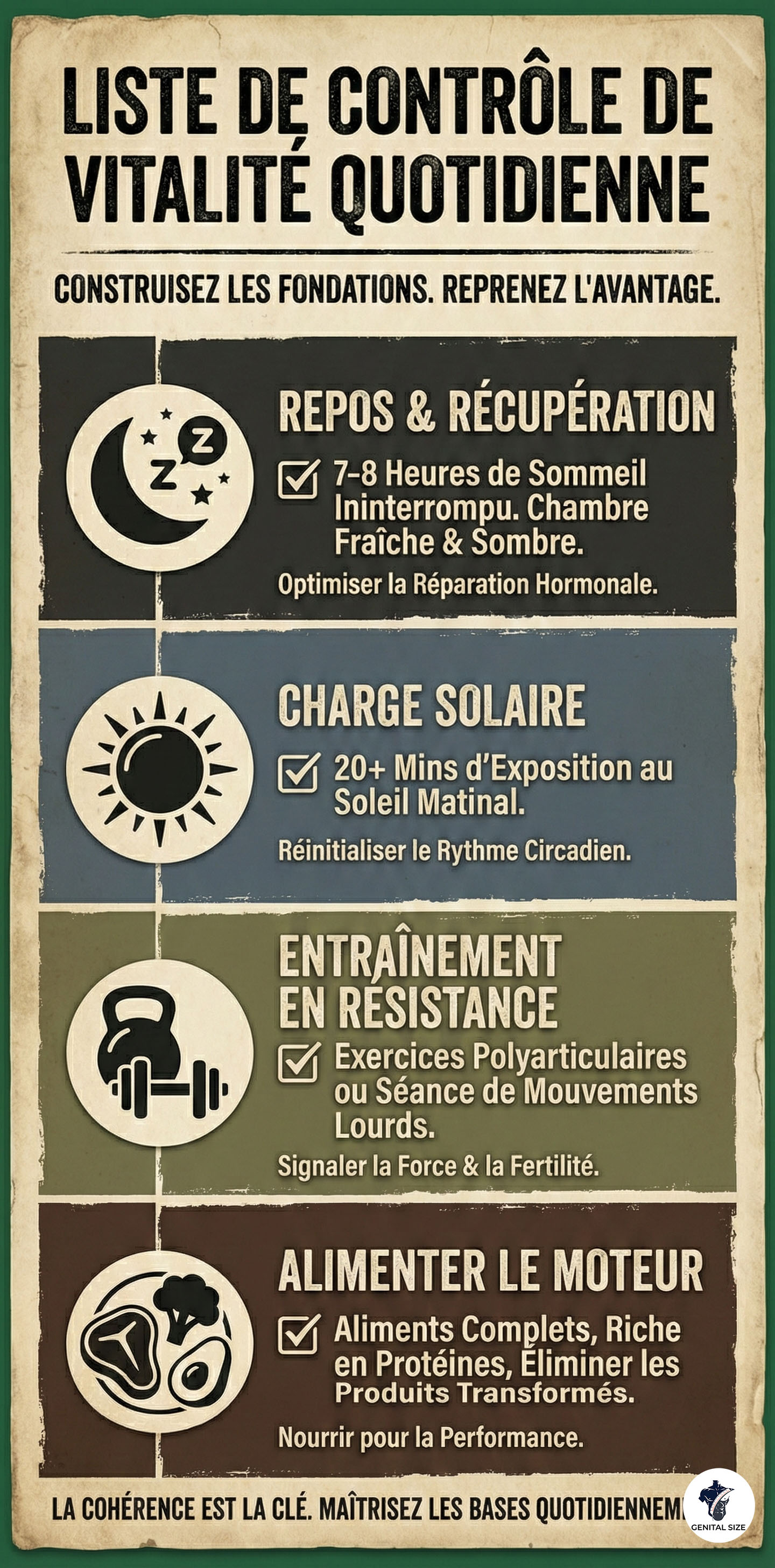 Une infographie verticale intitulée « Liste de contrôle quotidienne de la vitalité » décrivant quatre piliers clés pour une santé masculine optimale : Repos et Récupération (7-8 heures de sommeil), Charge Solaire (lumière du soleil le matin), Entraînement en Résistance (mouvements polyarticulaires) et Alimenter le Moteur (régime d'aliments complets riche en protéines), présenté dans un style robuste et texturé.