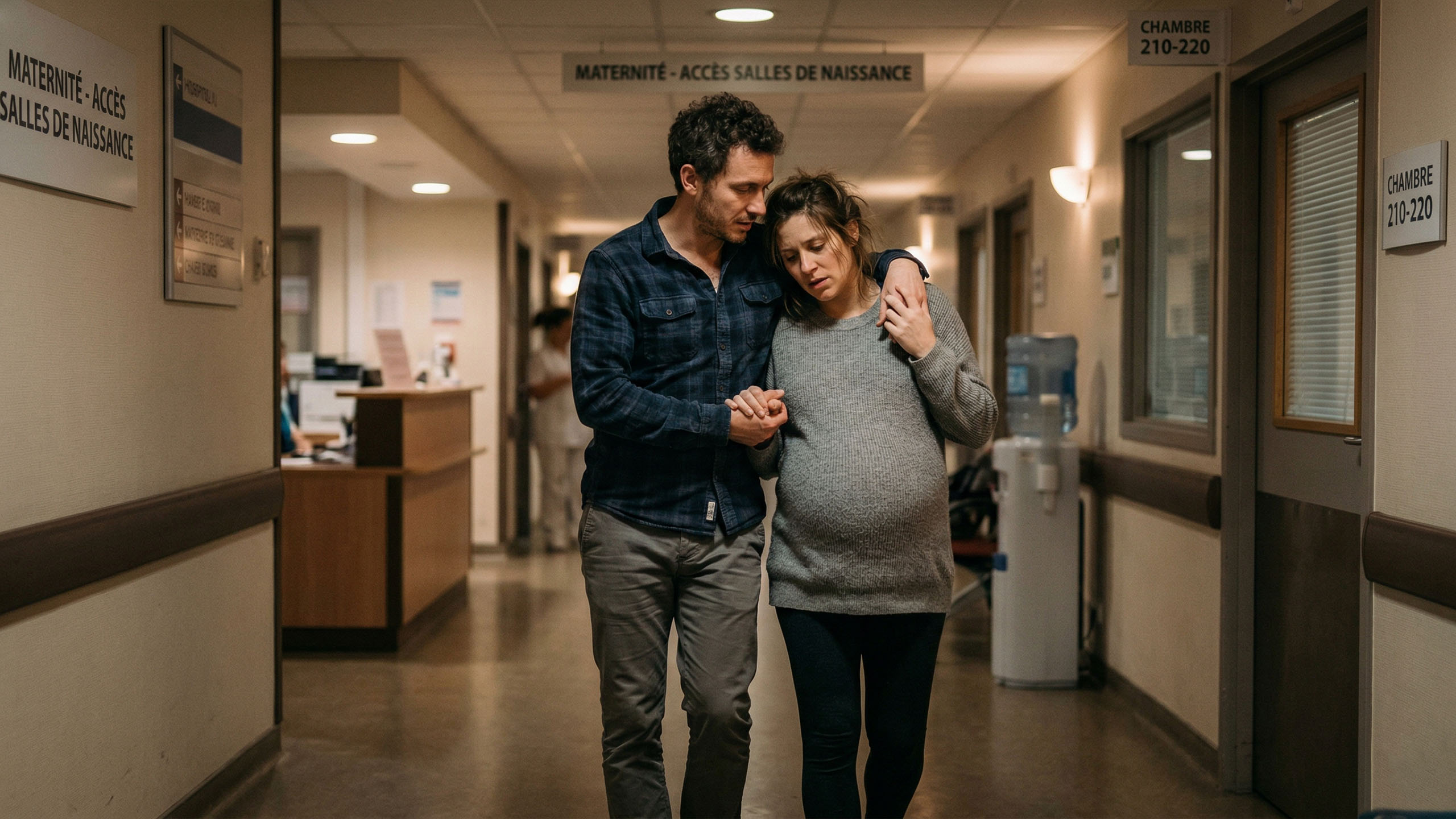 Un futur père marchant avec sa femme vers la maternité, ému et submergé d’amour