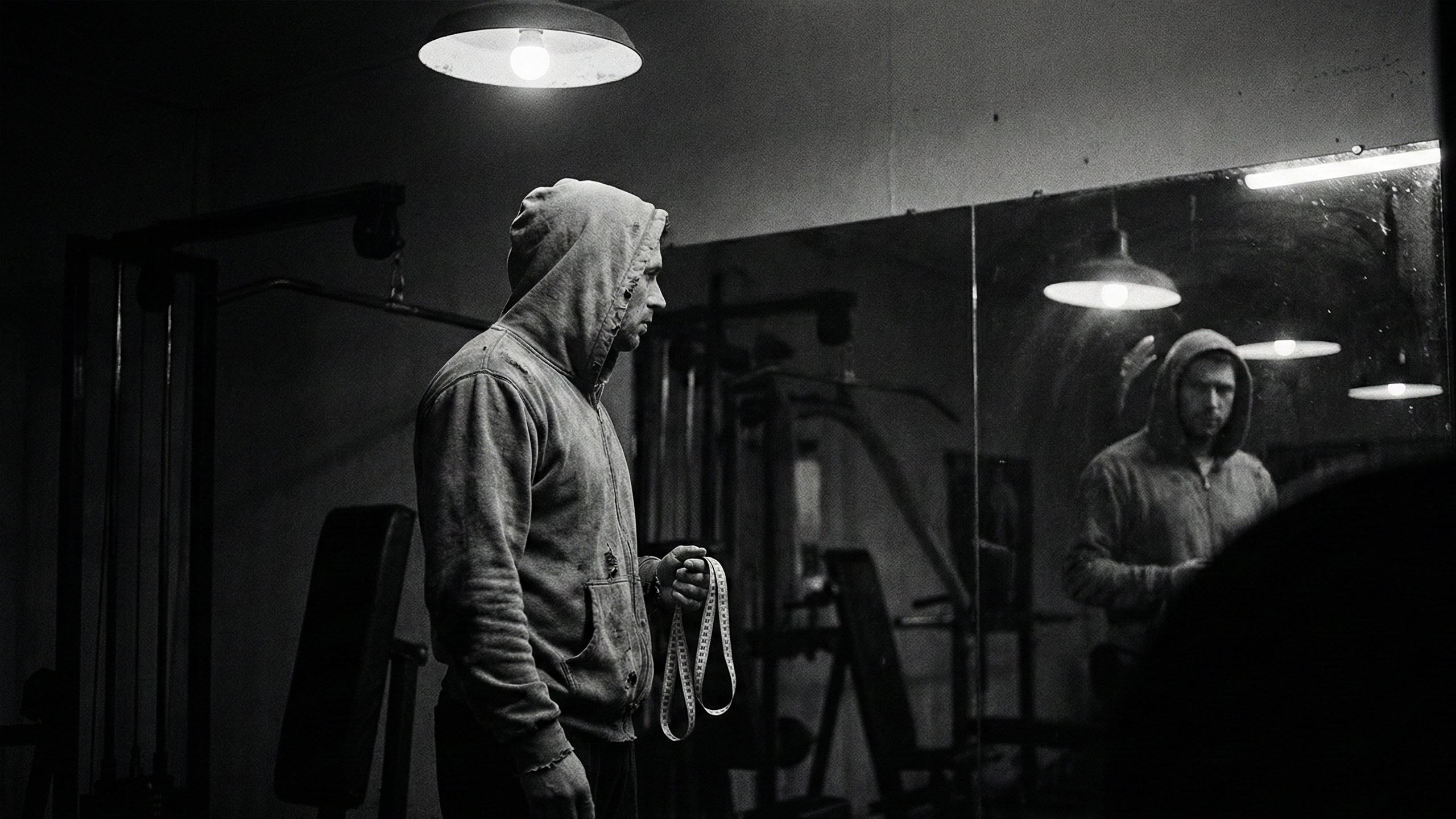 Un homme examinant son reflet, symbolisant la pression des statistiques physiques masculines.