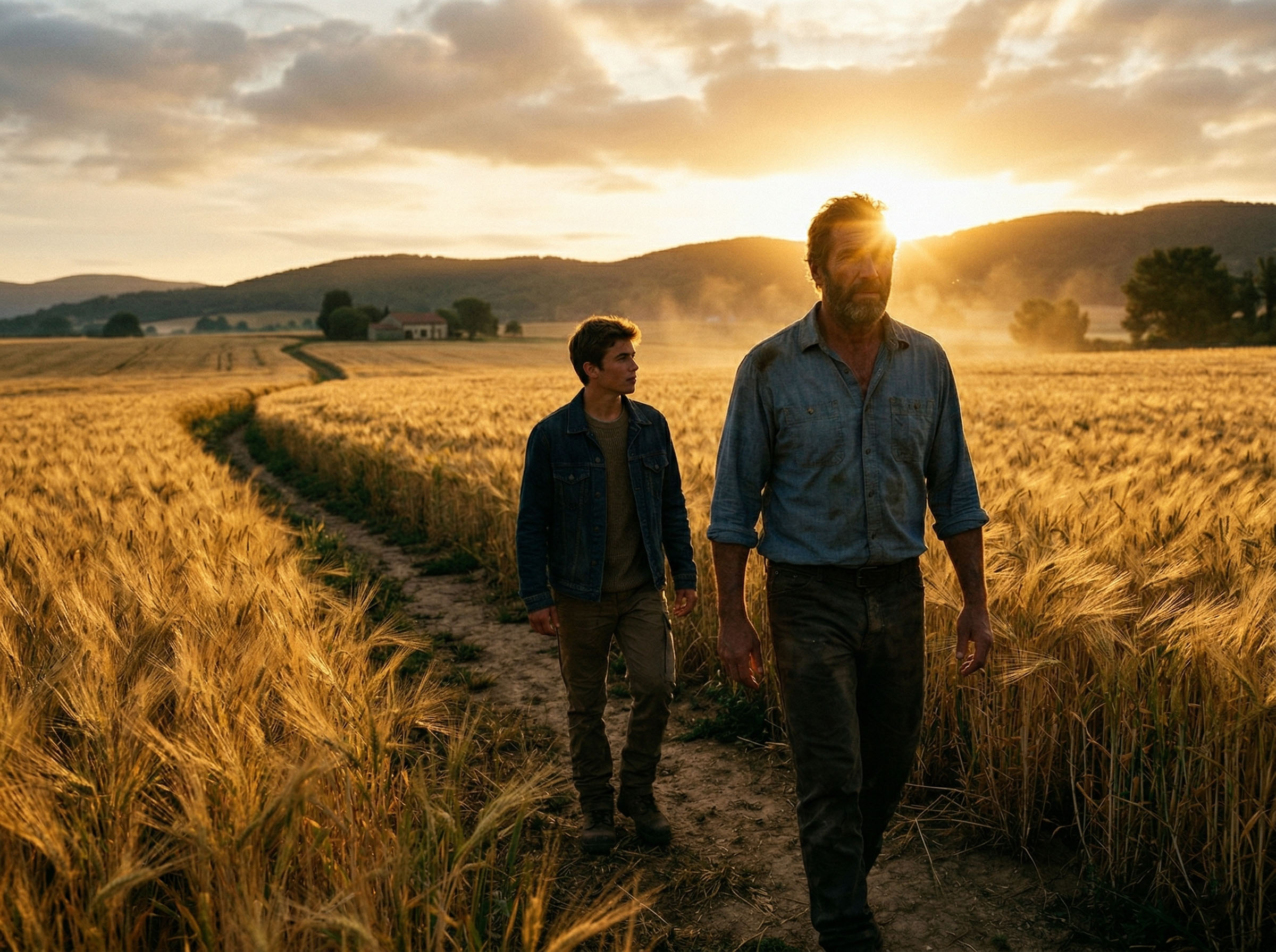 Un père et son fils marchant ensemble au lever du soleil à travers un champ ouvert, représentant la force générationnelle et l'héritage familial