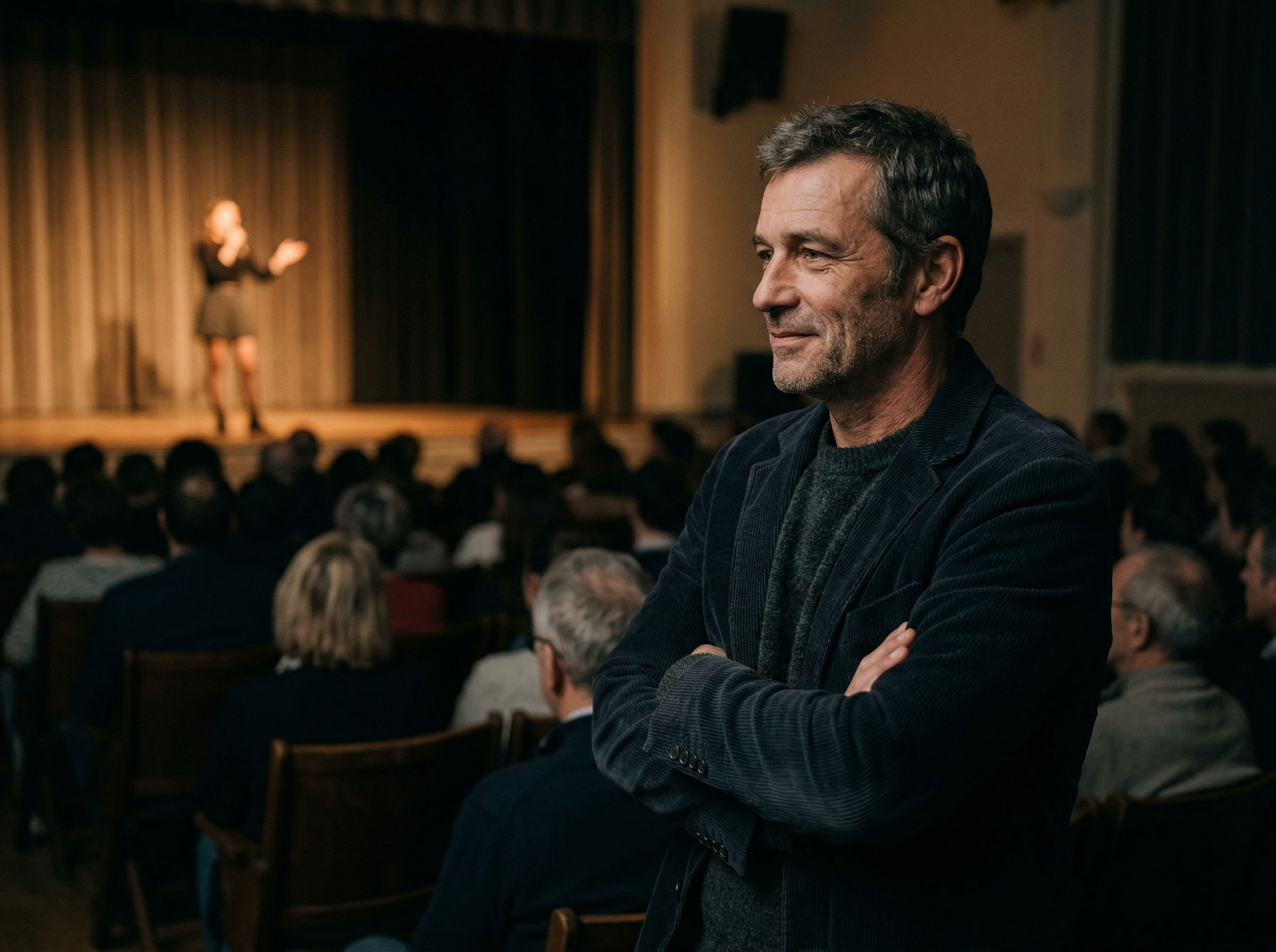 Père regardant sa fille se produire à l'école, fierté émotionnelle sur son visage