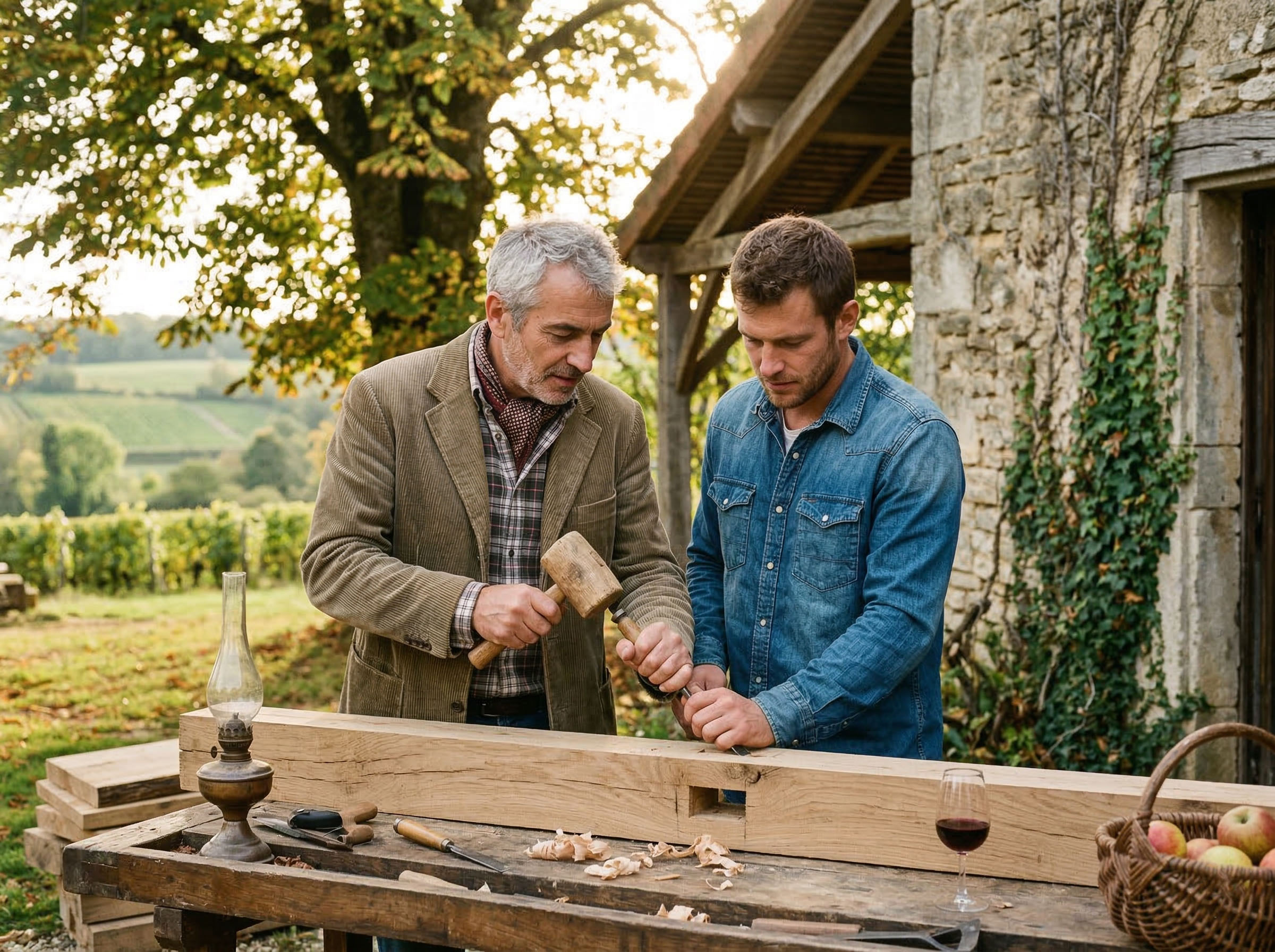 Père et fils en plein air — représentant l'héritage masculin, la paternité et l'importance de comprendre sa propre biologie